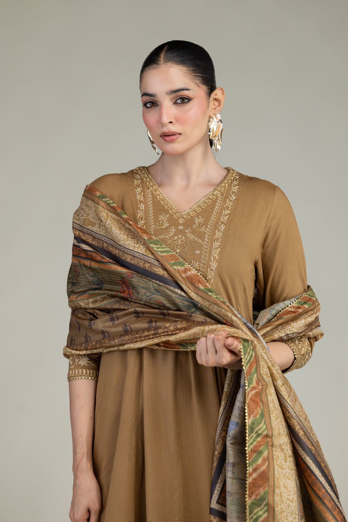 Printed Polyester Silk Floral Brown Dupatta - 2-26-203-A-B1-VG