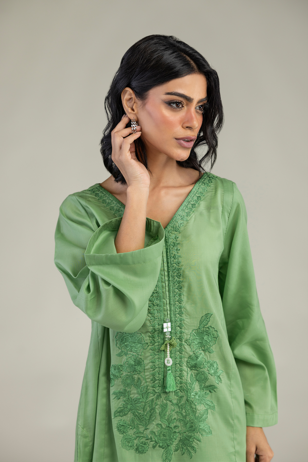 Embroidered Lyocell Green V-Neck Kurta - 8-26-208-A-A1-VG