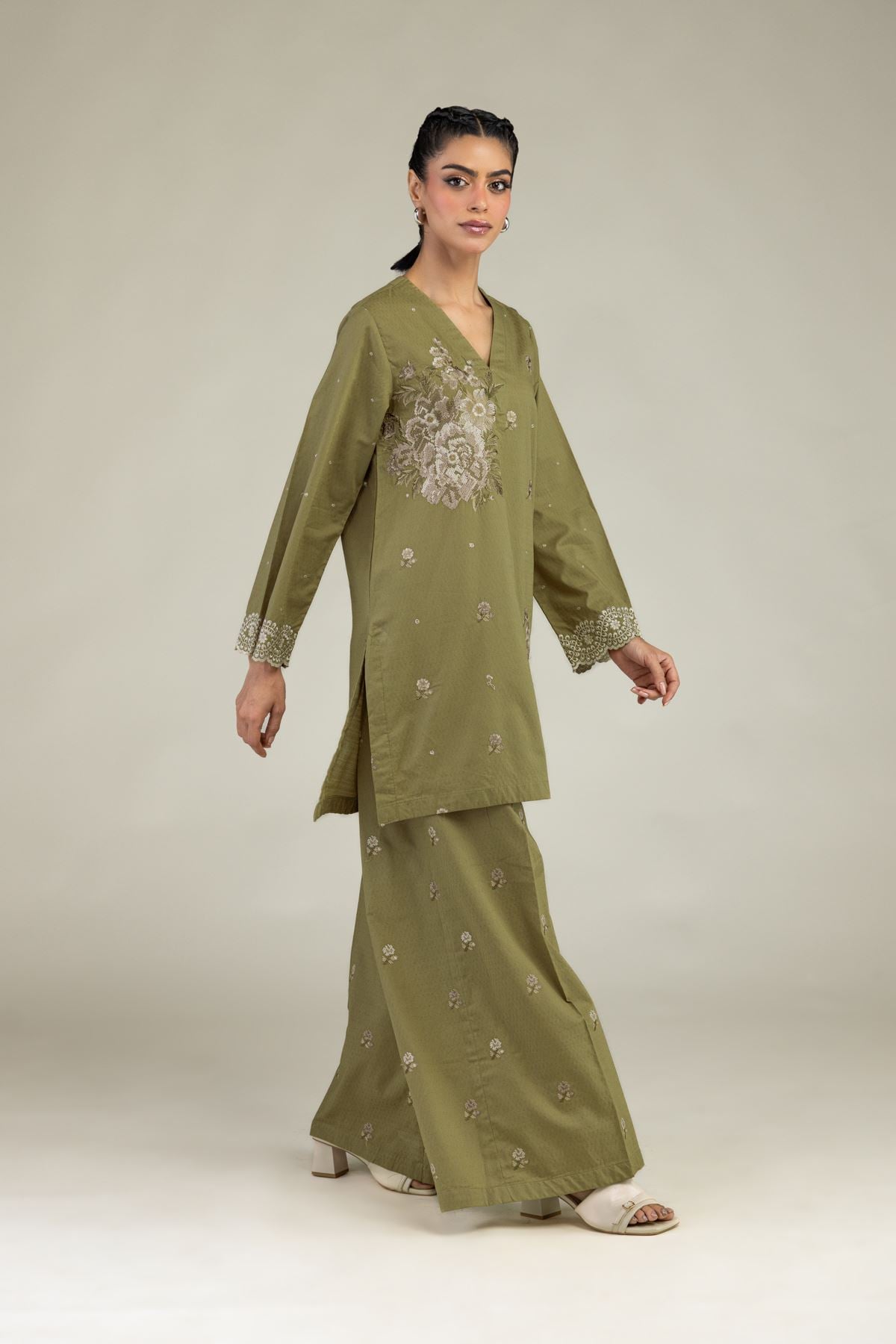 Embroidered Cotton Dobby Floral Olive Pants - 25-10-12E5-04TB-VG