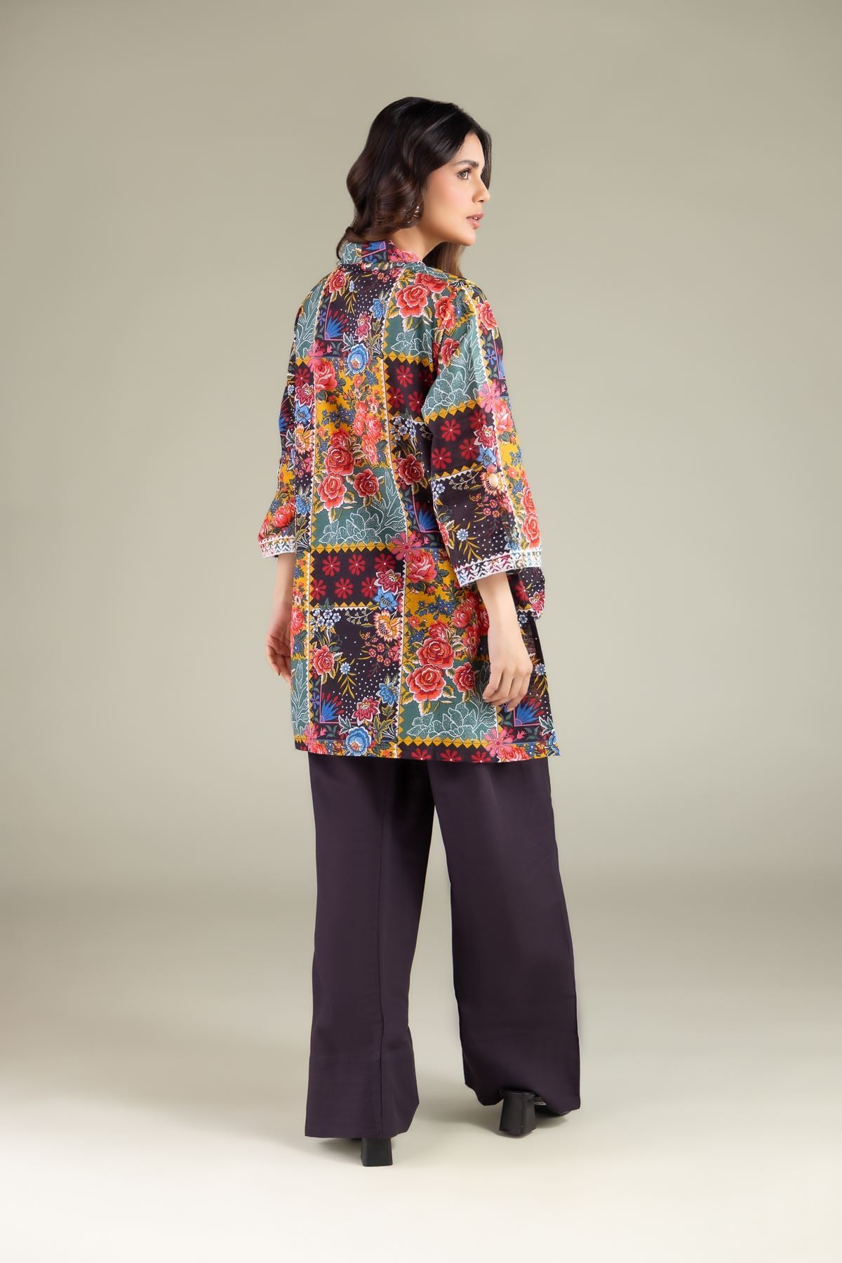 Embroidered Textured Cotton Floral V-Neck Kurta - 1-26-144-B-E-VG