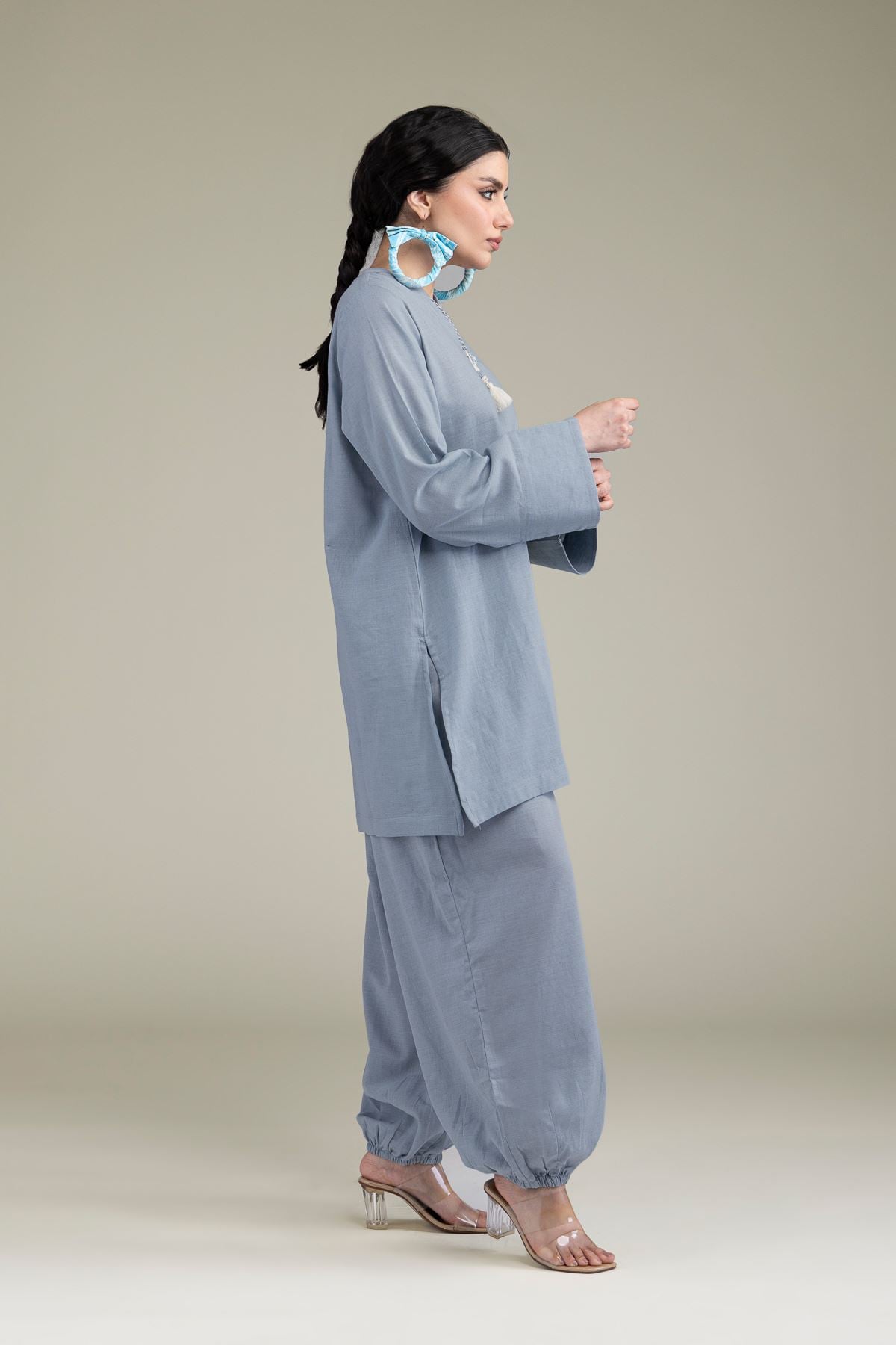 Dyed Blended Linen Solid Blue Pants - 1-26-238-A-J1-VG