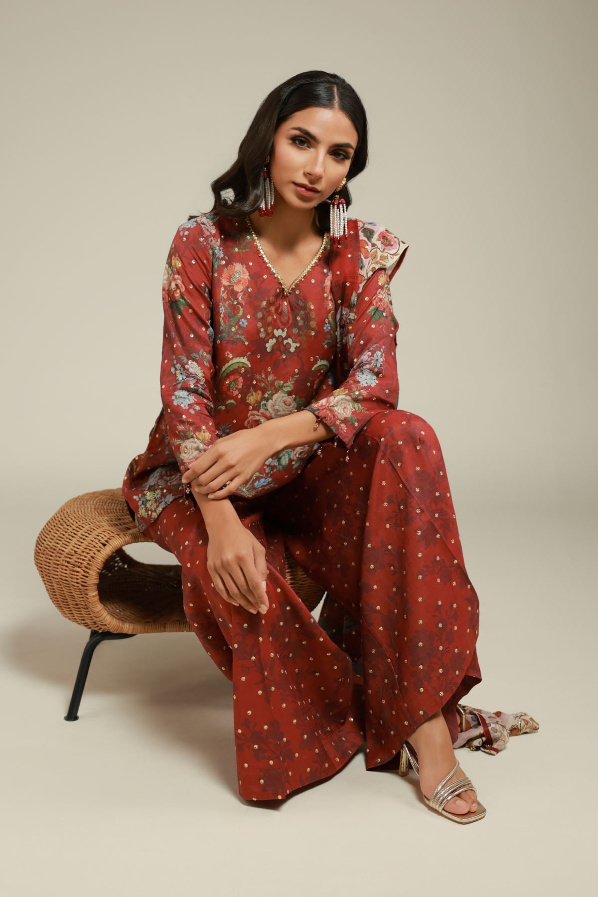 Embroidered Raw Silk 3 Piece Co-ord Set - 25-12-12S4-02TA-VG