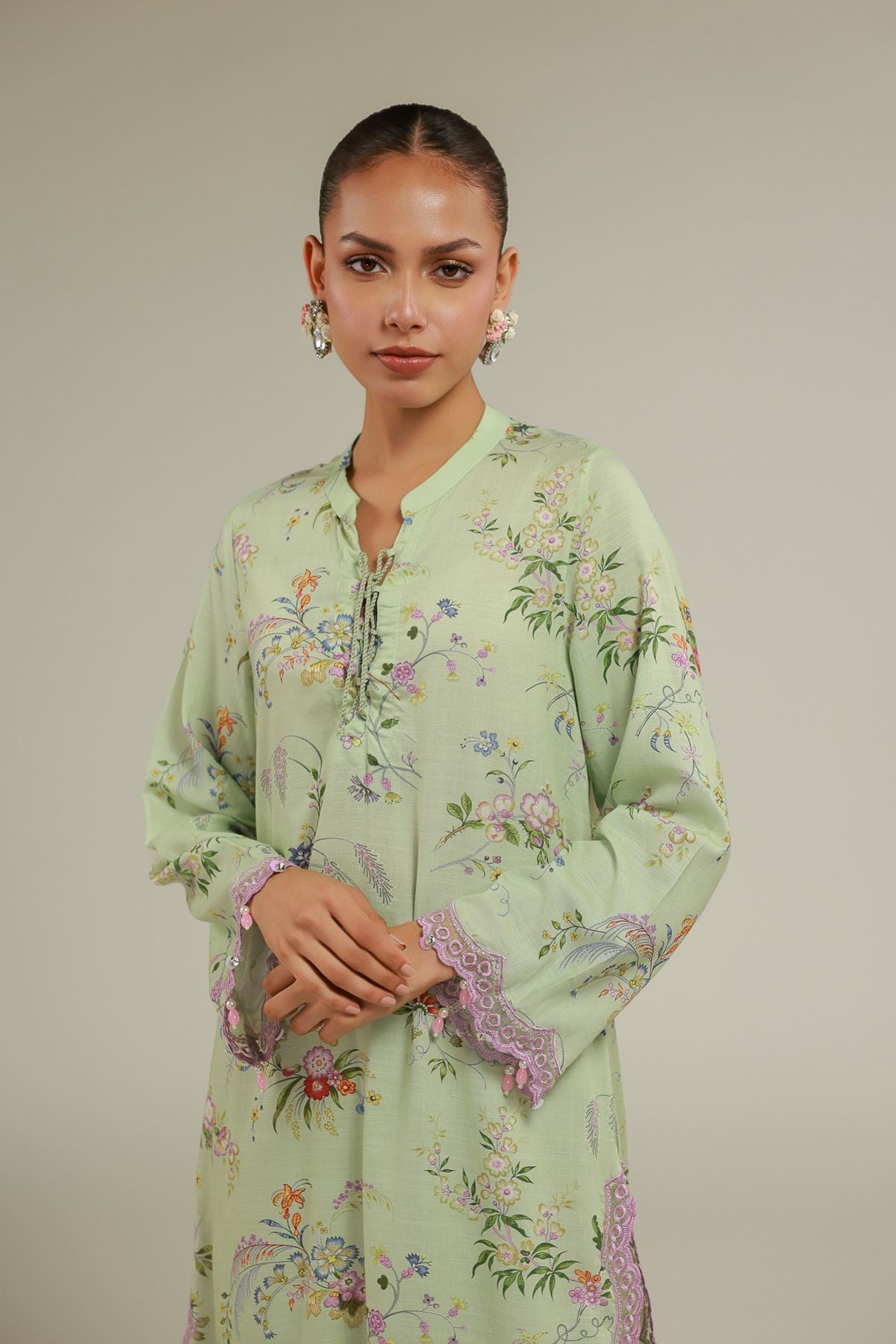 Embroidered Raw Silk Floral Longline Kurta - 25-00-X2-08TB-VG