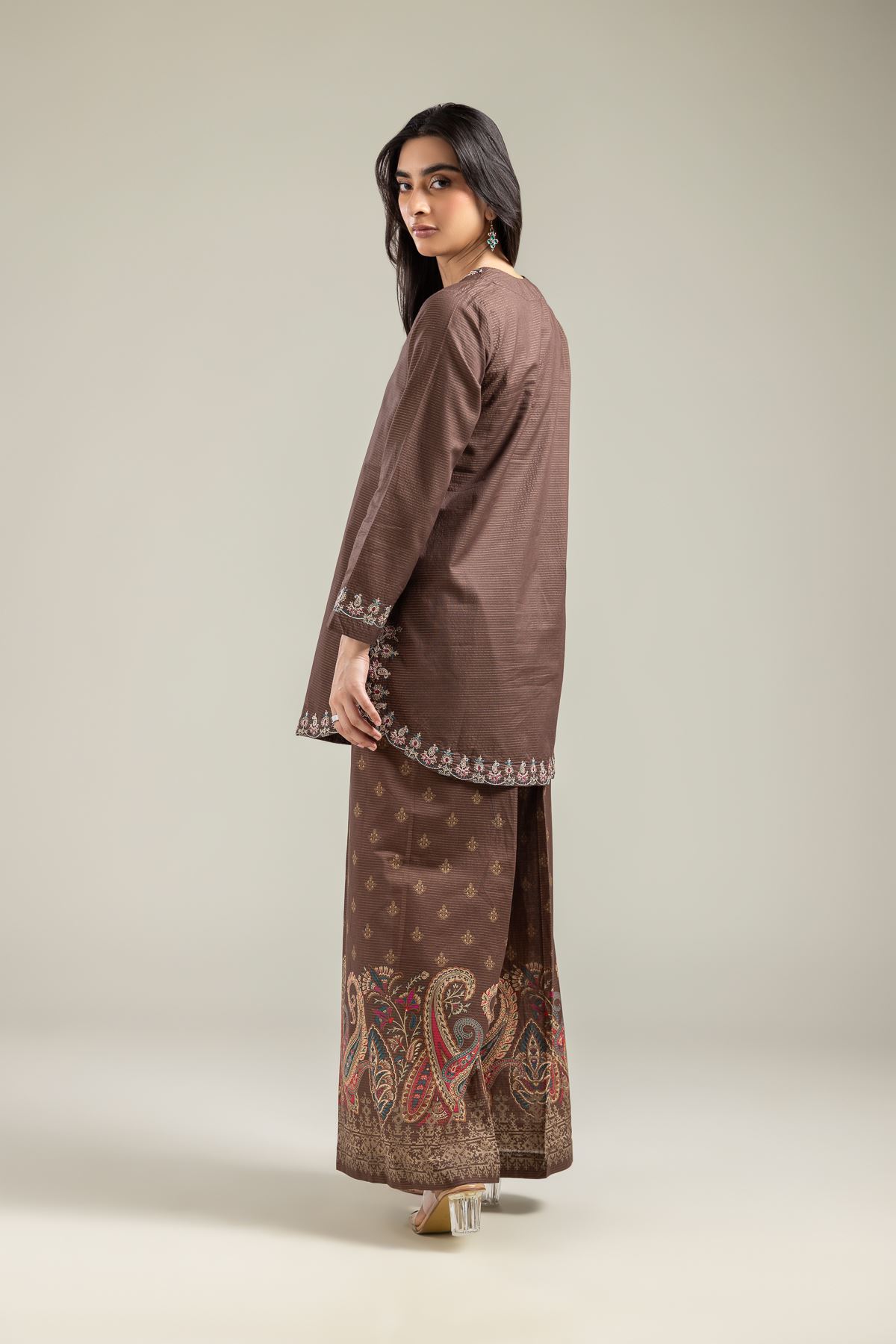 Embroidered Mesuri Brown V-Neck Kurta - T-A22-26-122FI1-VG