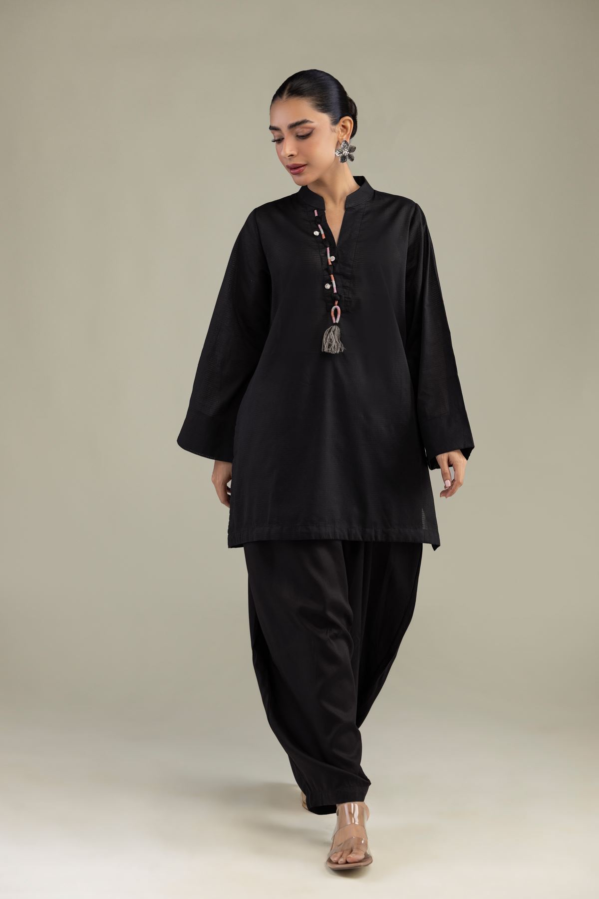 Dyed Textured Cotton V-Neck Black Kurta - 1-26-229-B-F1-VG