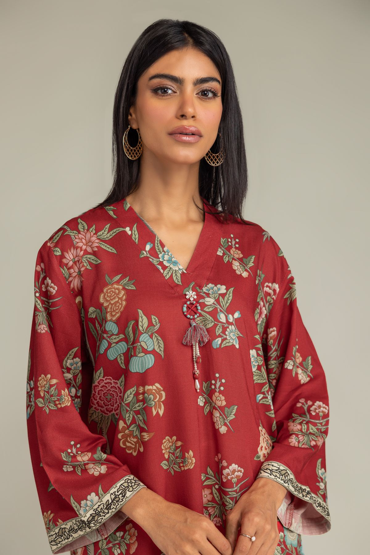 Printed Raw Silk Floral Red Kurta - 1-26-229-B-F1-VG