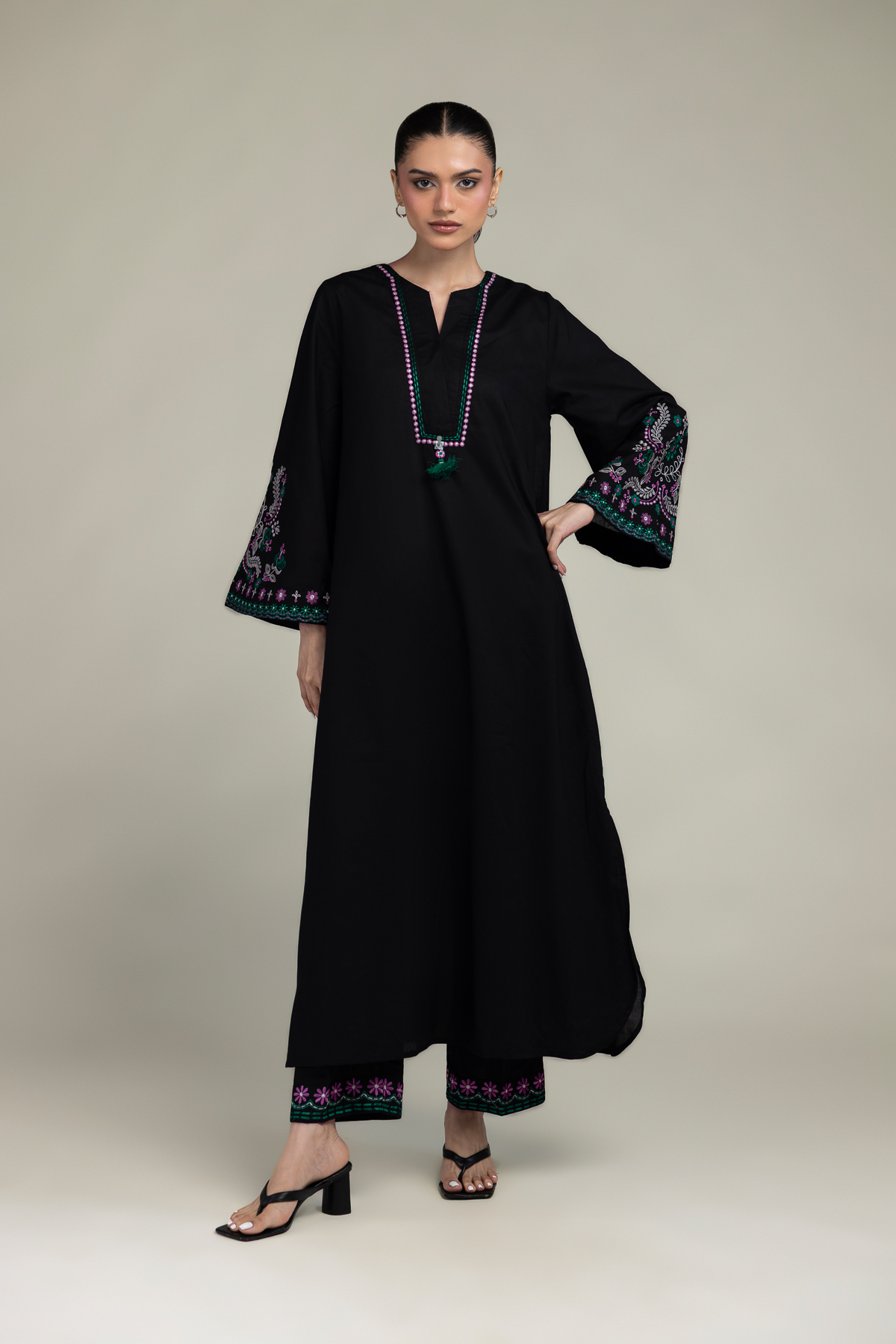 Embroidered Cambric Black Floral Pants - 8-26-303-A-C1-VG