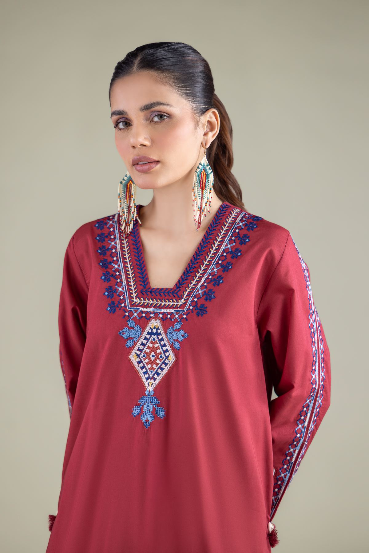 Embroidered Cambric V-Neck Geometric Kurta - 1-26-137-A-F-VG