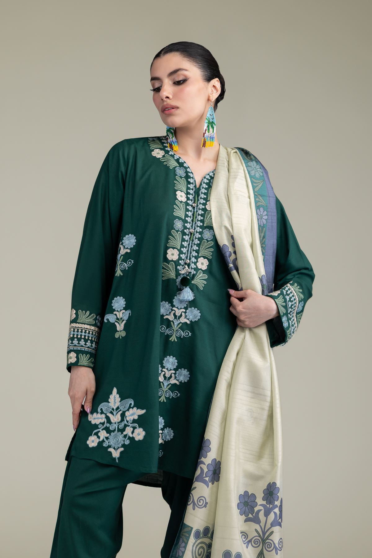Embroidered Raw Silk Green V-Neck Kurta - 1-26-238-A-J1-VG