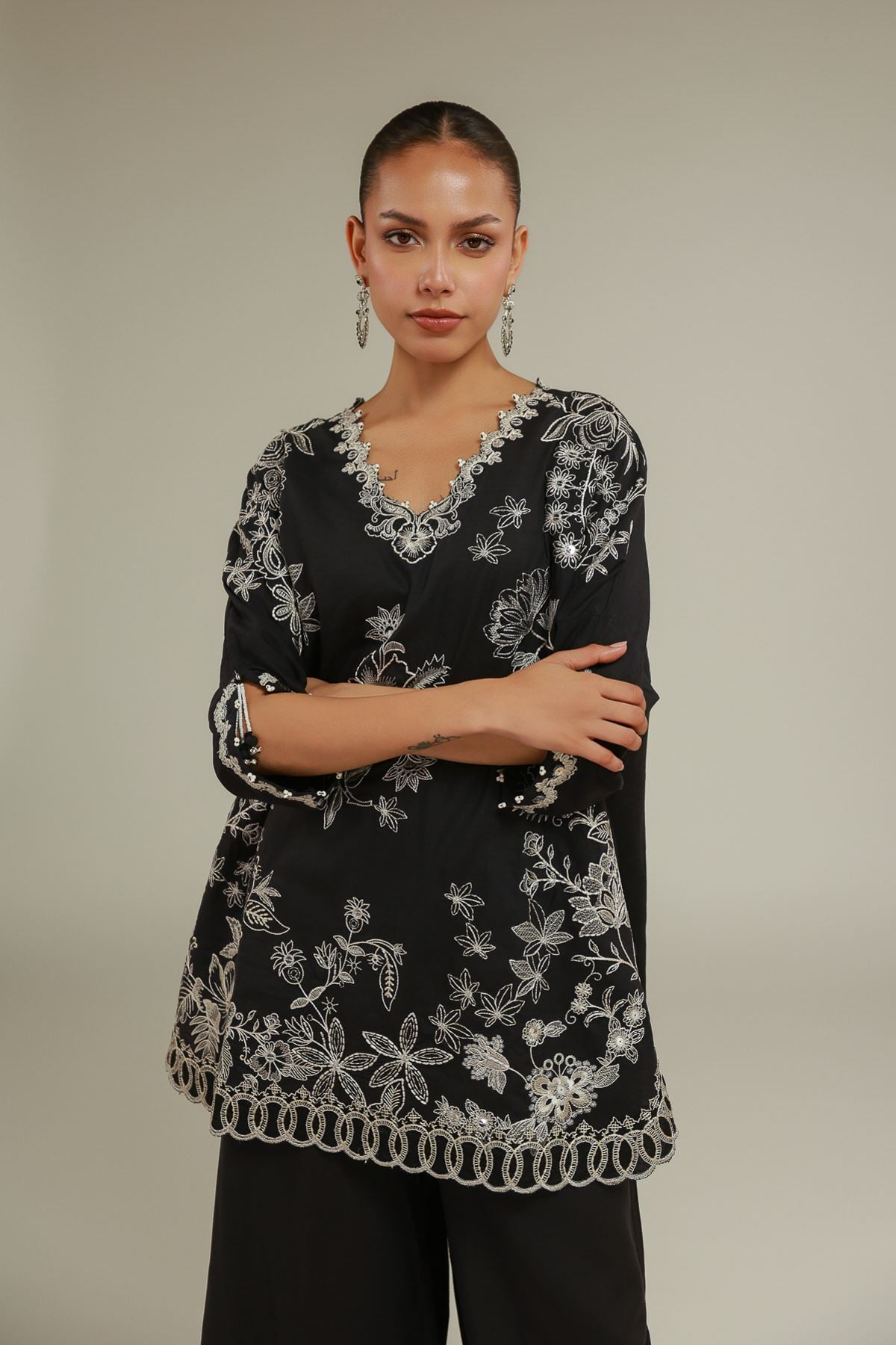 Embroidered Raw Silk Floral Pearled Kurta - 2-26-101-A-G-VG