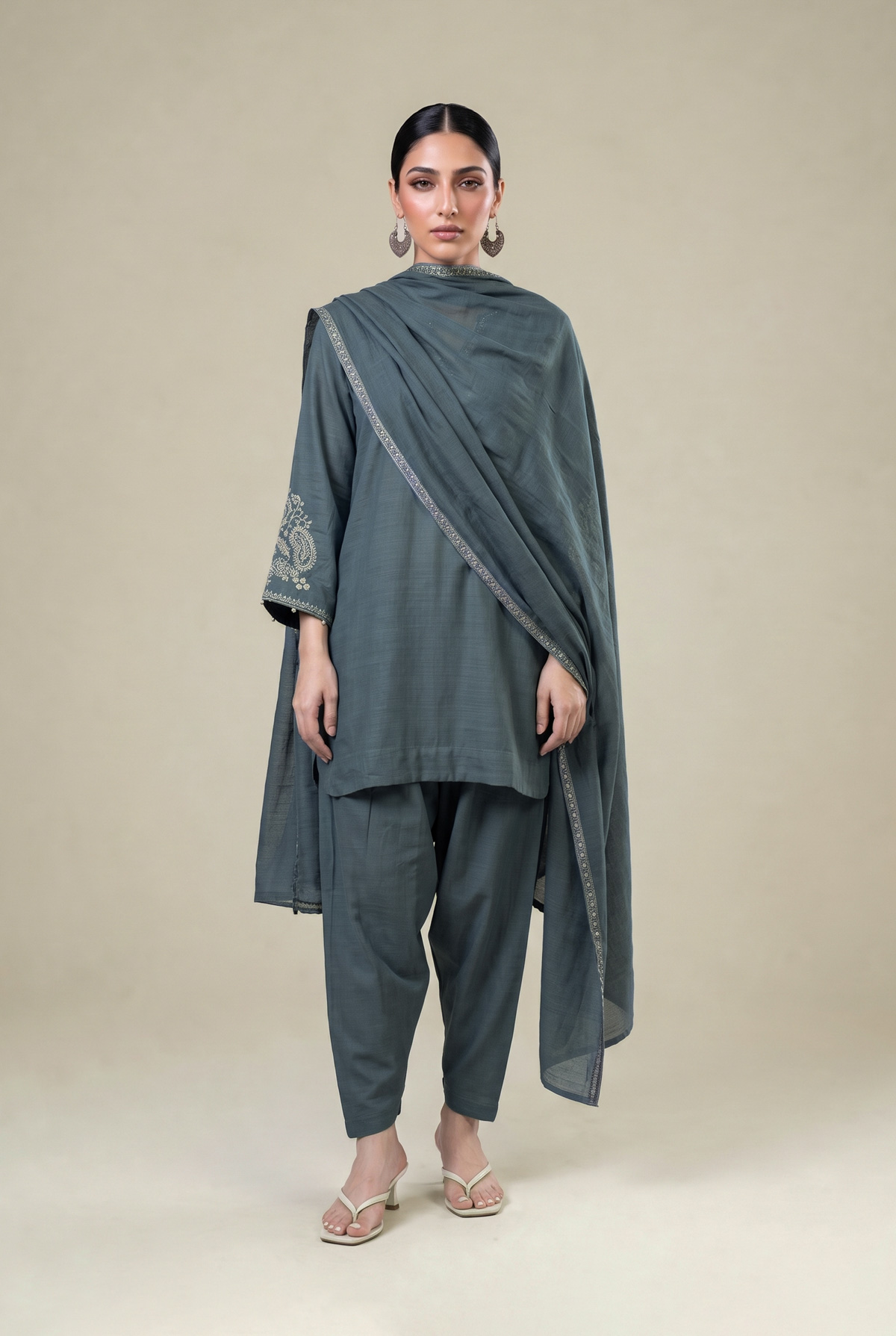 Embroidered Light Khaddar Blue Solid Dupatta - 1-26-325-A-B1-VG