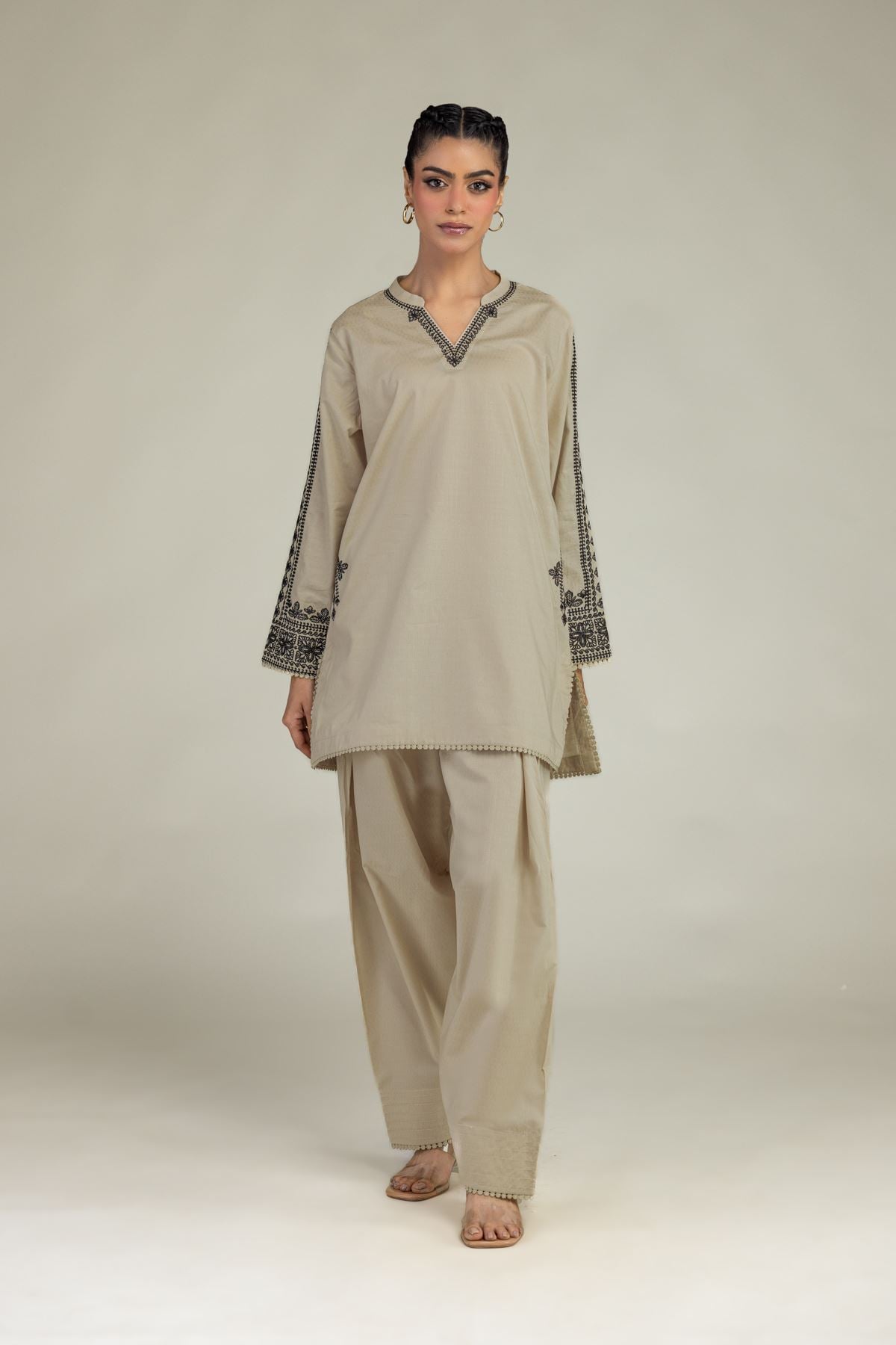 Embroidered Cotton Dobby Beige V-Neck Kurta - 1-26-245-A-J1-VG