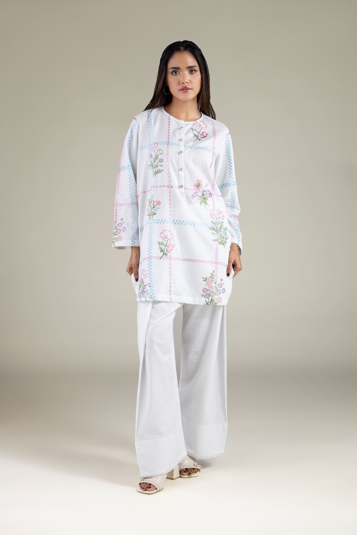 Embroidered Cotton Dobby Buttoned Floral Kurta - 1-26-105-A-H-VG