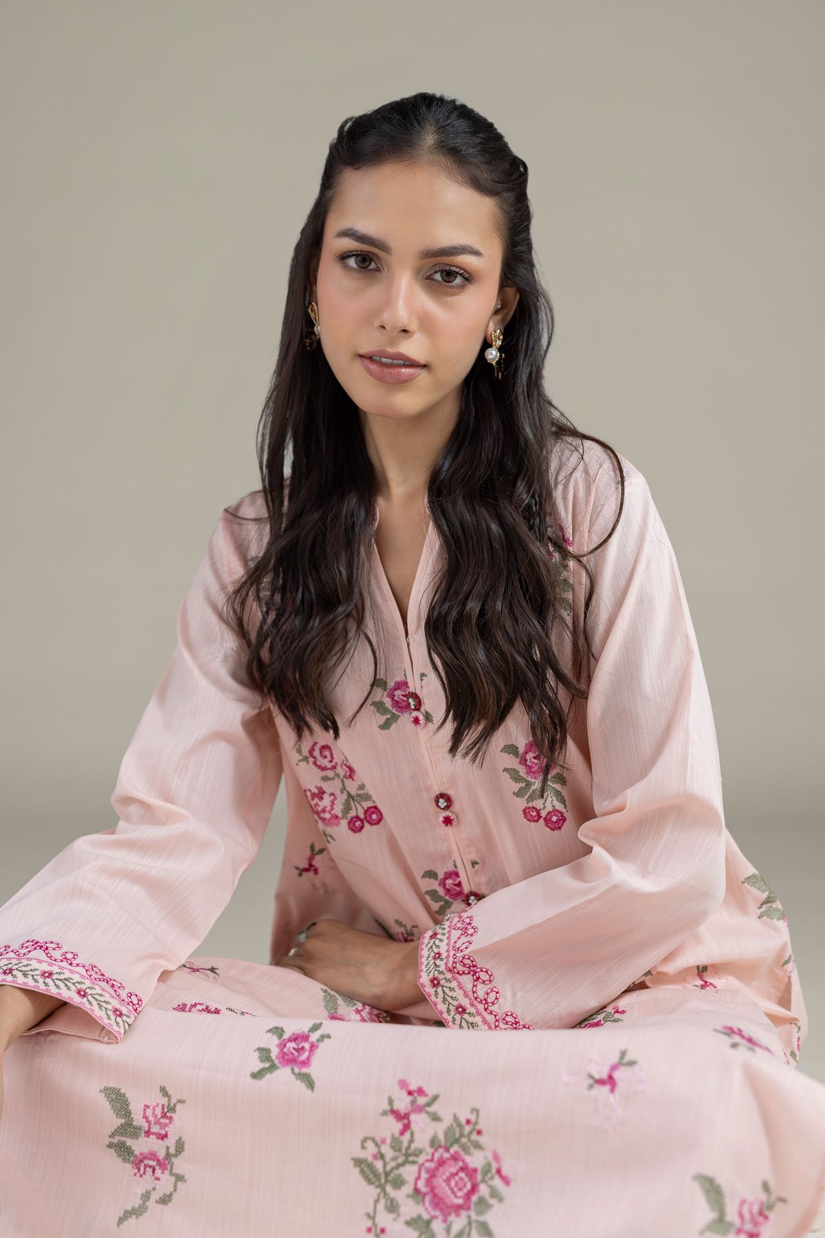 Embroidered Textured Cambric Floral Kurta - 1-26-120-A-D-VG