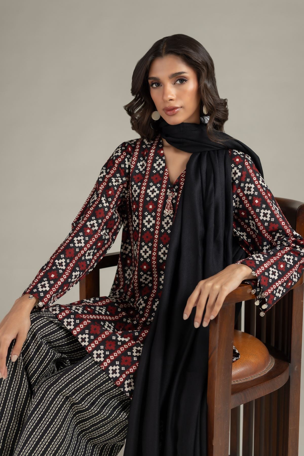 Printed Khaddar Geometric Tassel Kurta - 25-08-12E8-11TA-VG