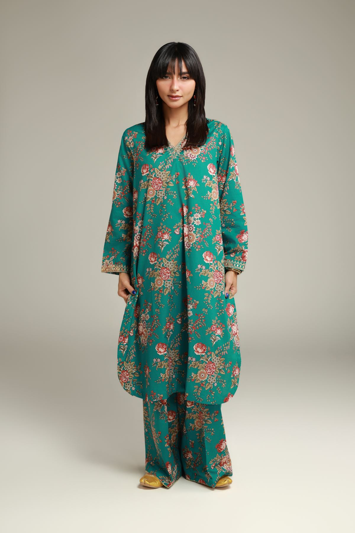 Embroidered Cambric Floral Longline Kurta - 1-26-132-A-E-VG