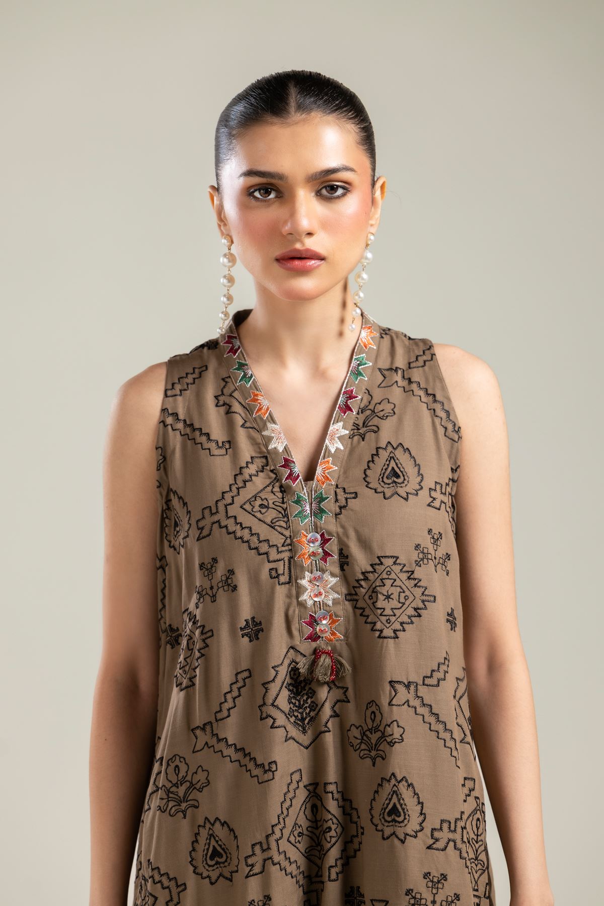 Embroidered Raw Silk Brown Sleeveless Kurta - 2-26-202-A-G-VG