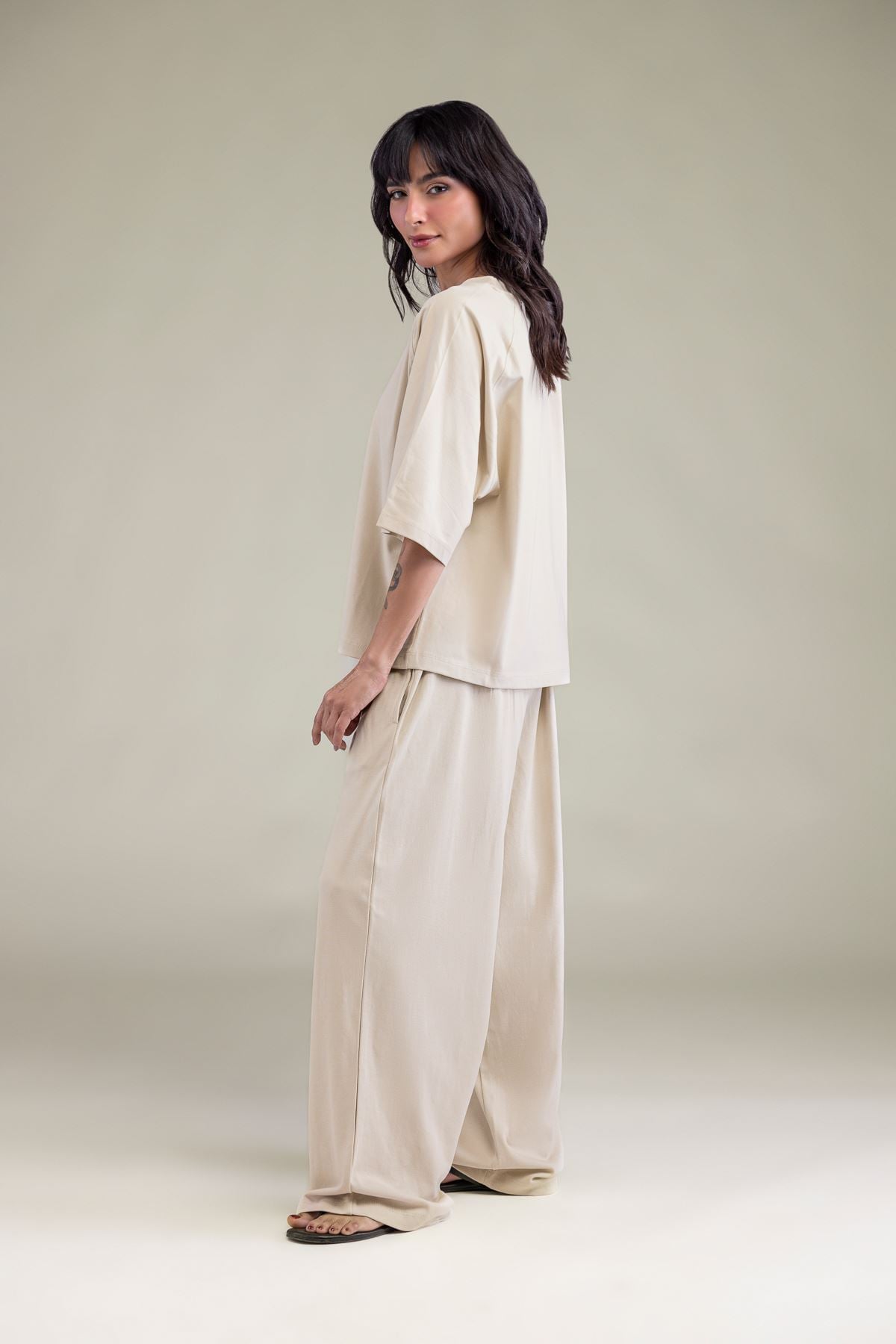 Embroidered Interlock Beige Trousers - 3-26-204-A-F1-VG