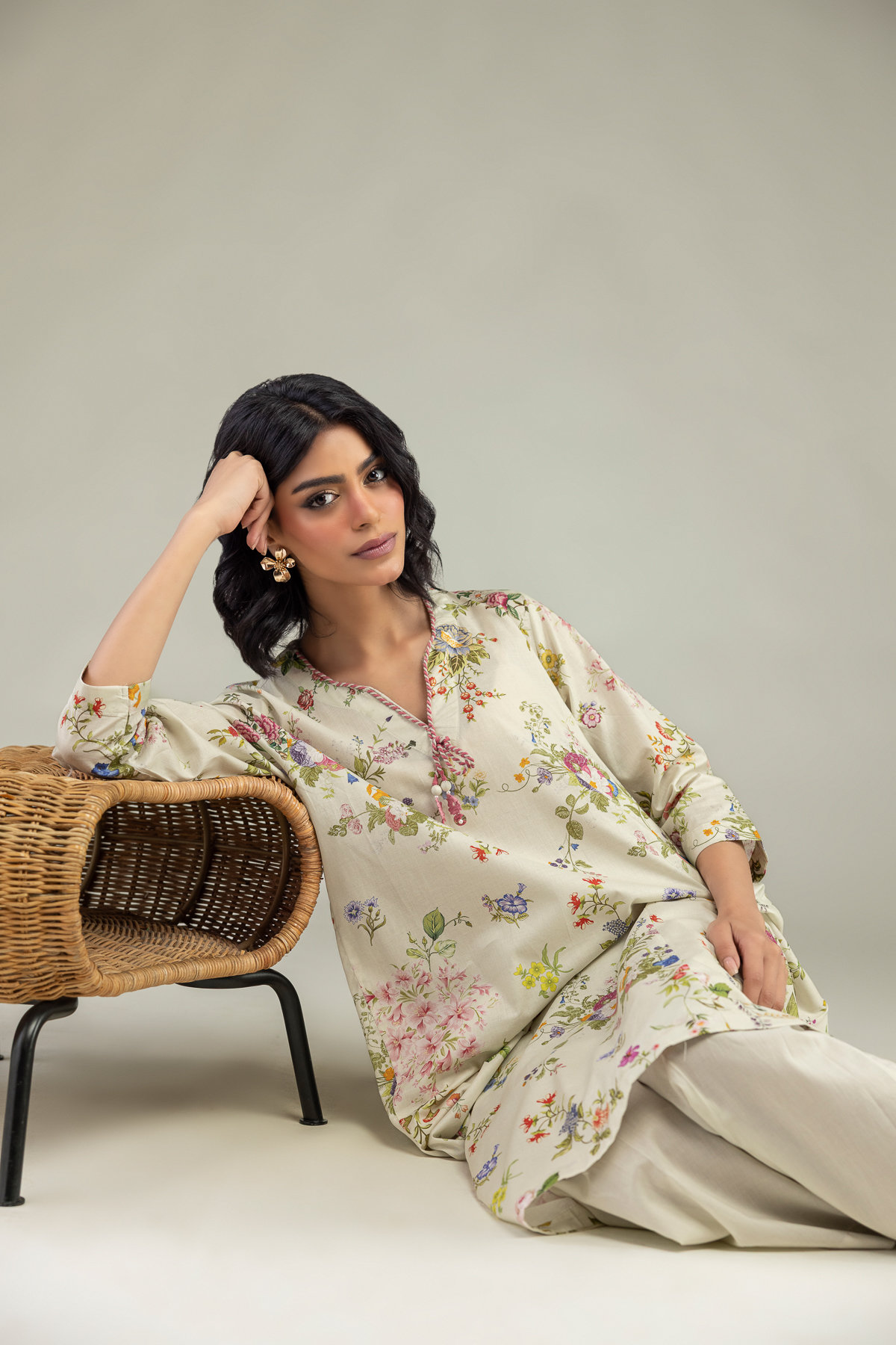 Embroidered Cambric Floral V-Neck Kurta - 1-26-240-A-J1-VG