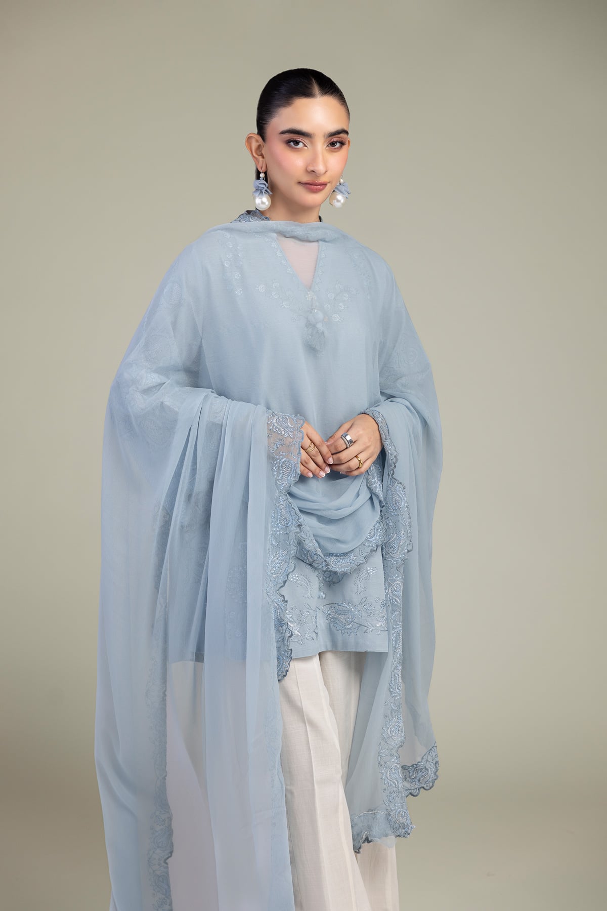 Embroidered Chiffon Blue Chiffon Dupatta - 1-26-309-B-D1-VG