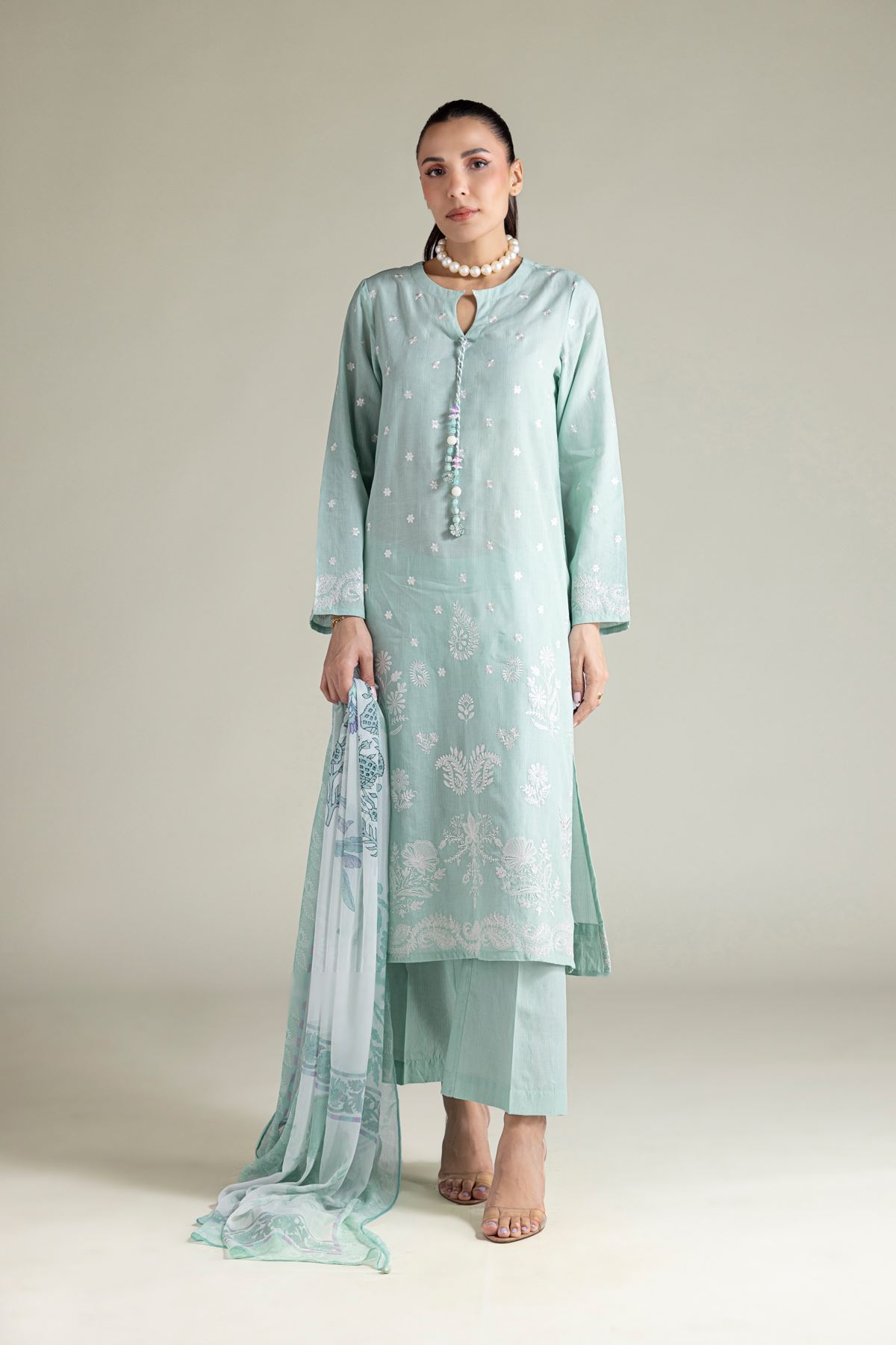 Embroidered Textured Cotton Tailored 3 Piece - T-A22-26-207FB1-VG