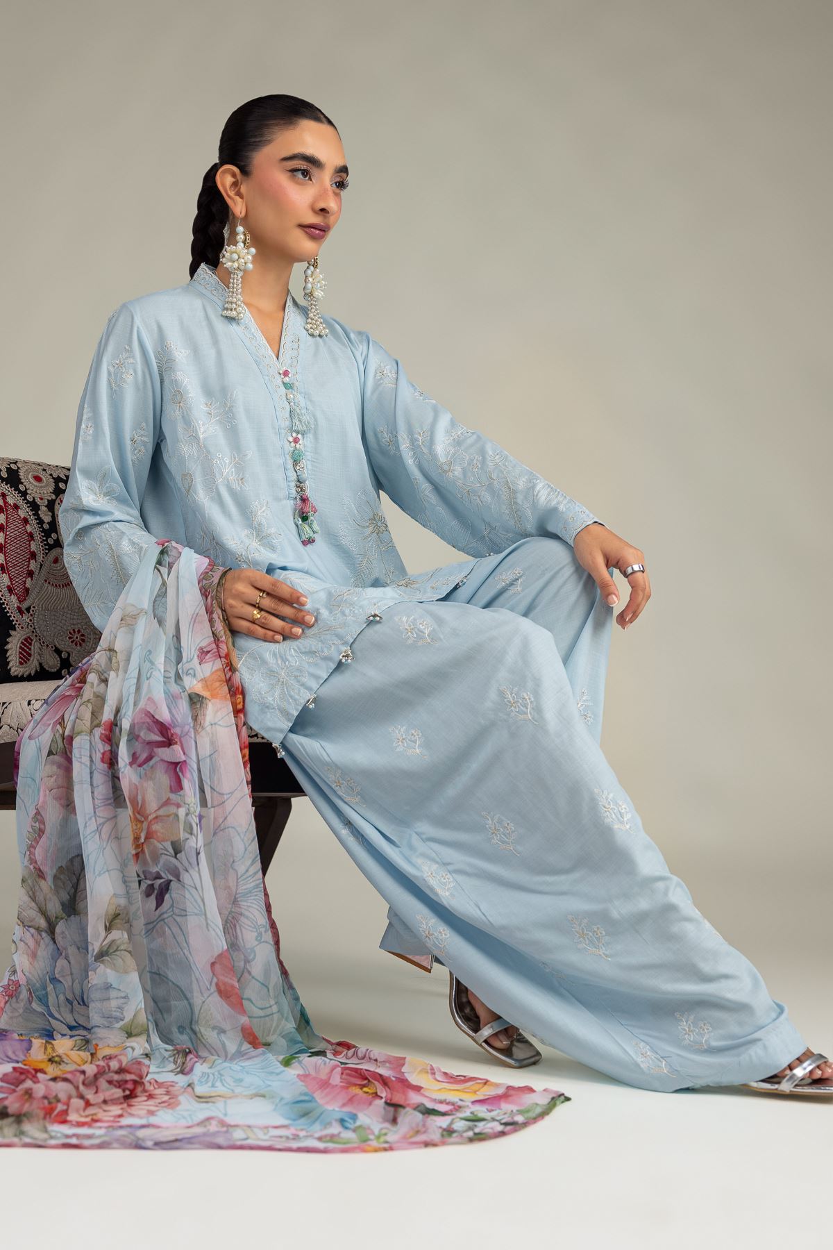 Embroidered Raw Silk Blue Floral Kurta - 1-26-322-B-A1-VG