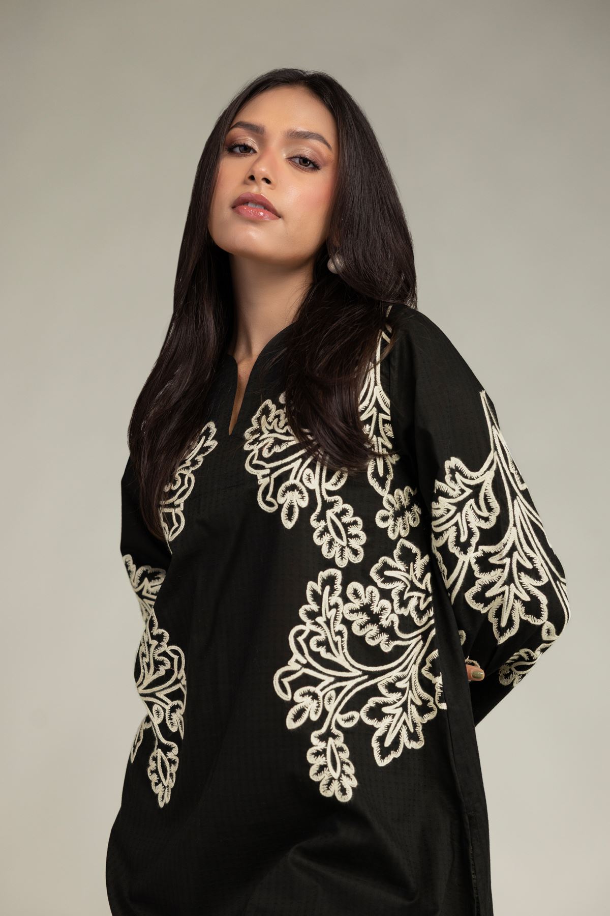 Embroidered Cotton Dobby Black Cotton Kurta - 2-26-210-A-C1-VG