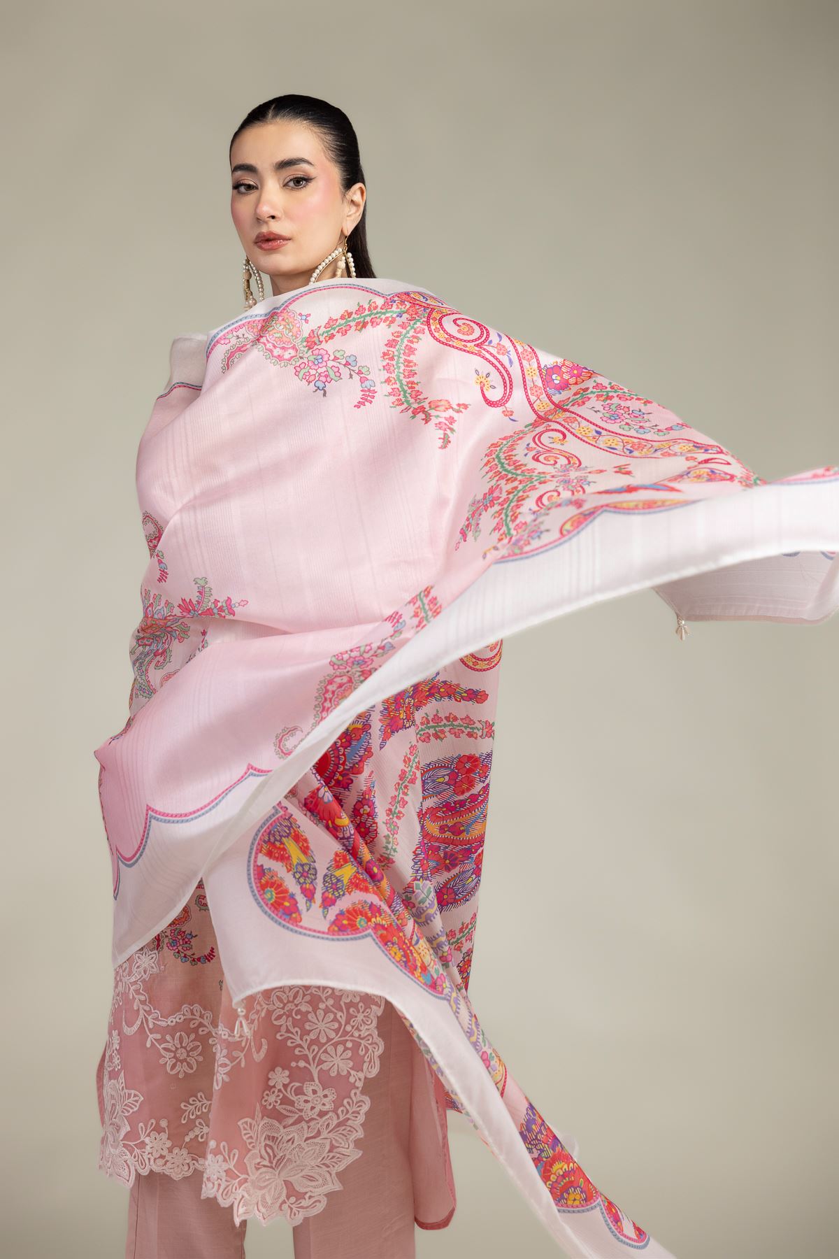 Embroidered Polyester Silk Pink Floral Dupatta - 2-26-212-A-E1-VG