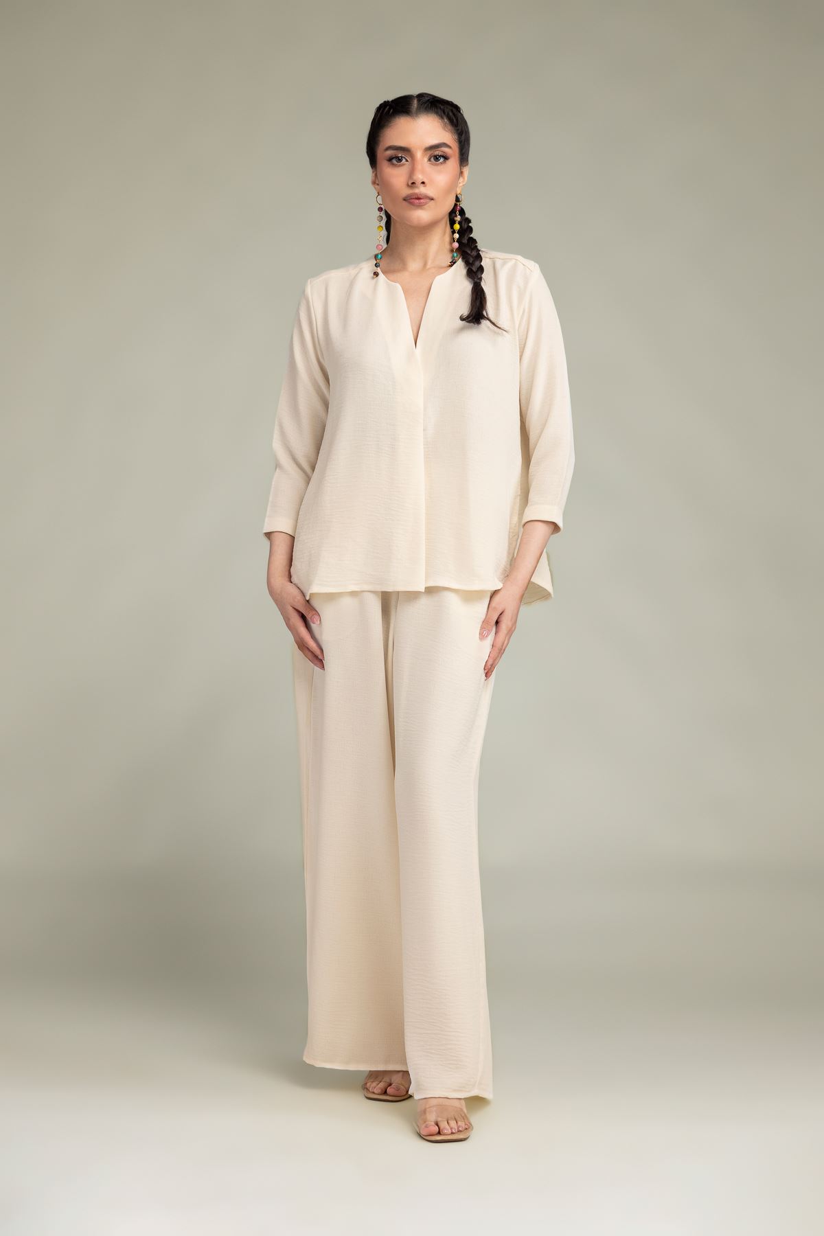 Dyed Crepe Georgette Beige Solid Trousers - 1-26-102-A-F-VG