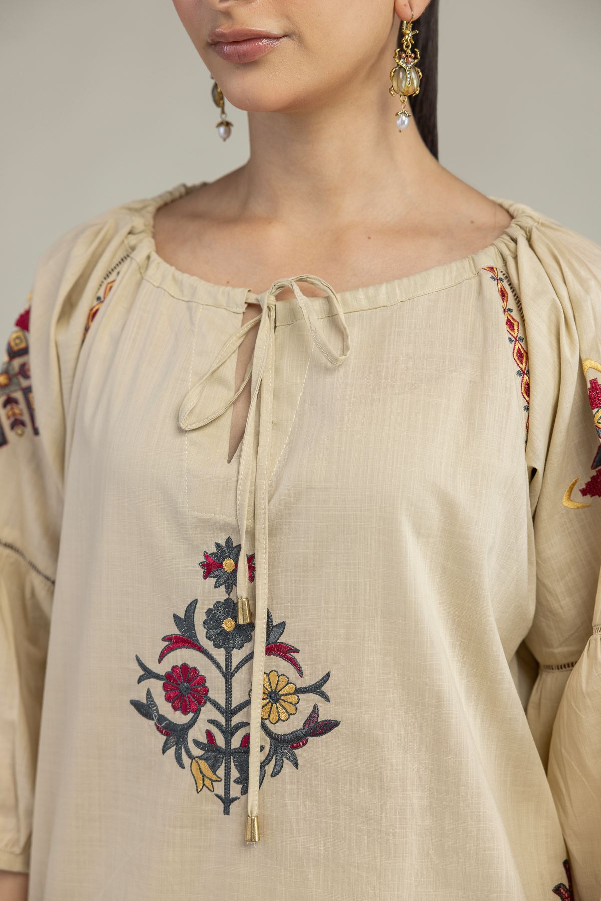 Embroidered Textured Cotton Floral Cotton Blouse - 6-26-204-A-D2-VG