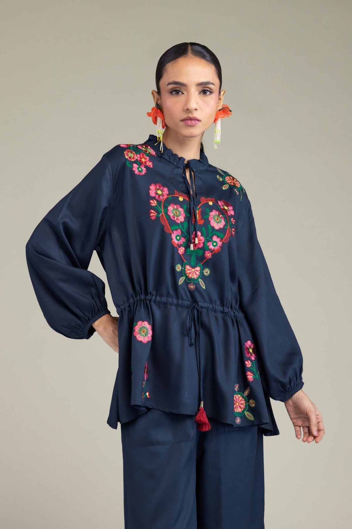 Embroidered Viscose Crepe Floral Navy Tunic - 2-26-202-A-D-VG
