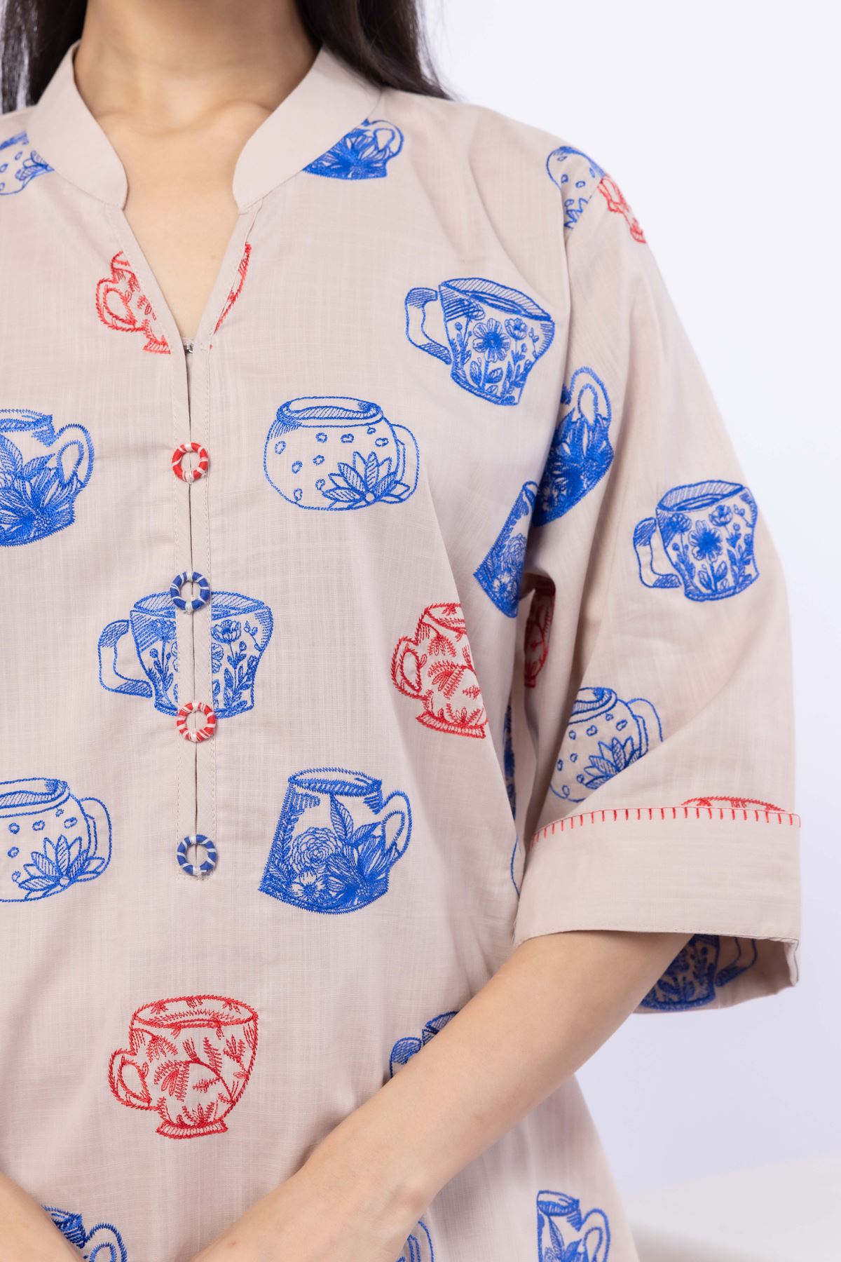Embroidered Crosshatch Poplin Kurta - 25-09-9S3-07TB-VG