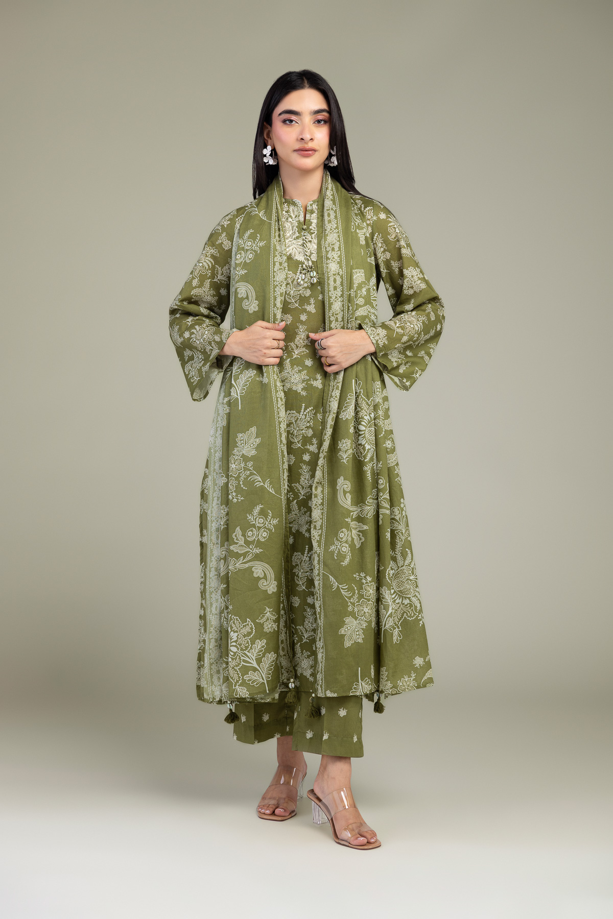Embroidered Lawn Olive Floral Dupatta - 1-26-309-B-D1-VG