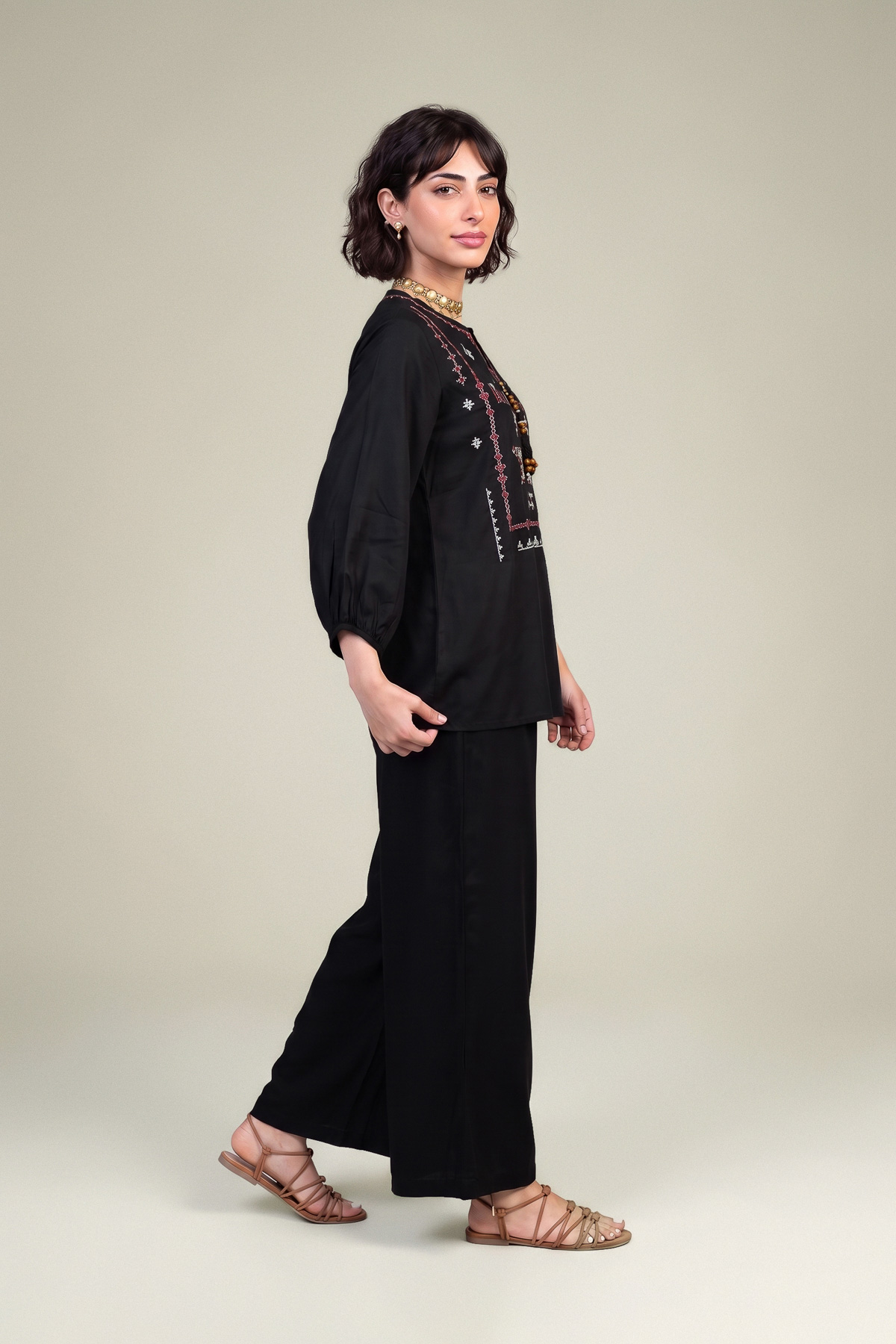 Embroidered Viscose Crepe Black V-Neck Blouse - 1-26-309-B-D1-VG