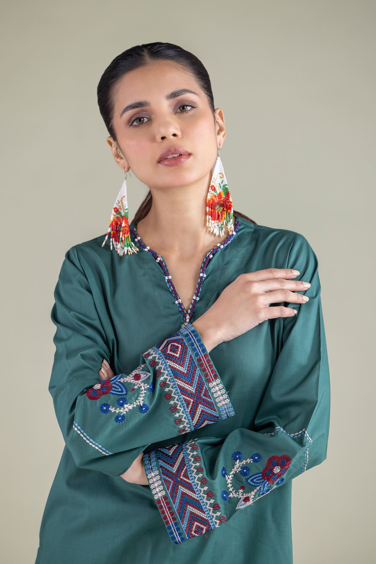 Embroidered Cambric Geometric V-Neck Kurta - 1-26-108-A-F-VG