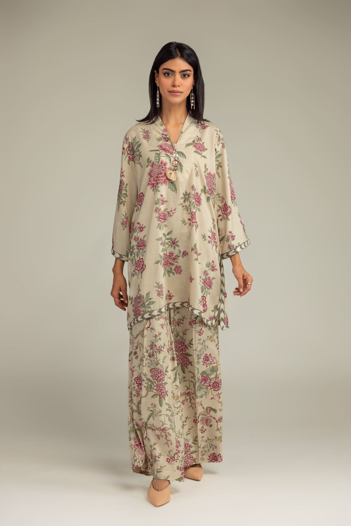Printed Raw Silk Floral Longline Kurta - 1-26-102-A-F-VG