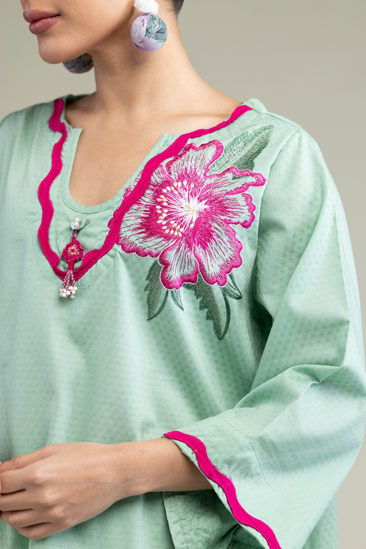 Embroidered Cotton Dobby Floral Mint Kurta - 1-26-247-A-G1-VG