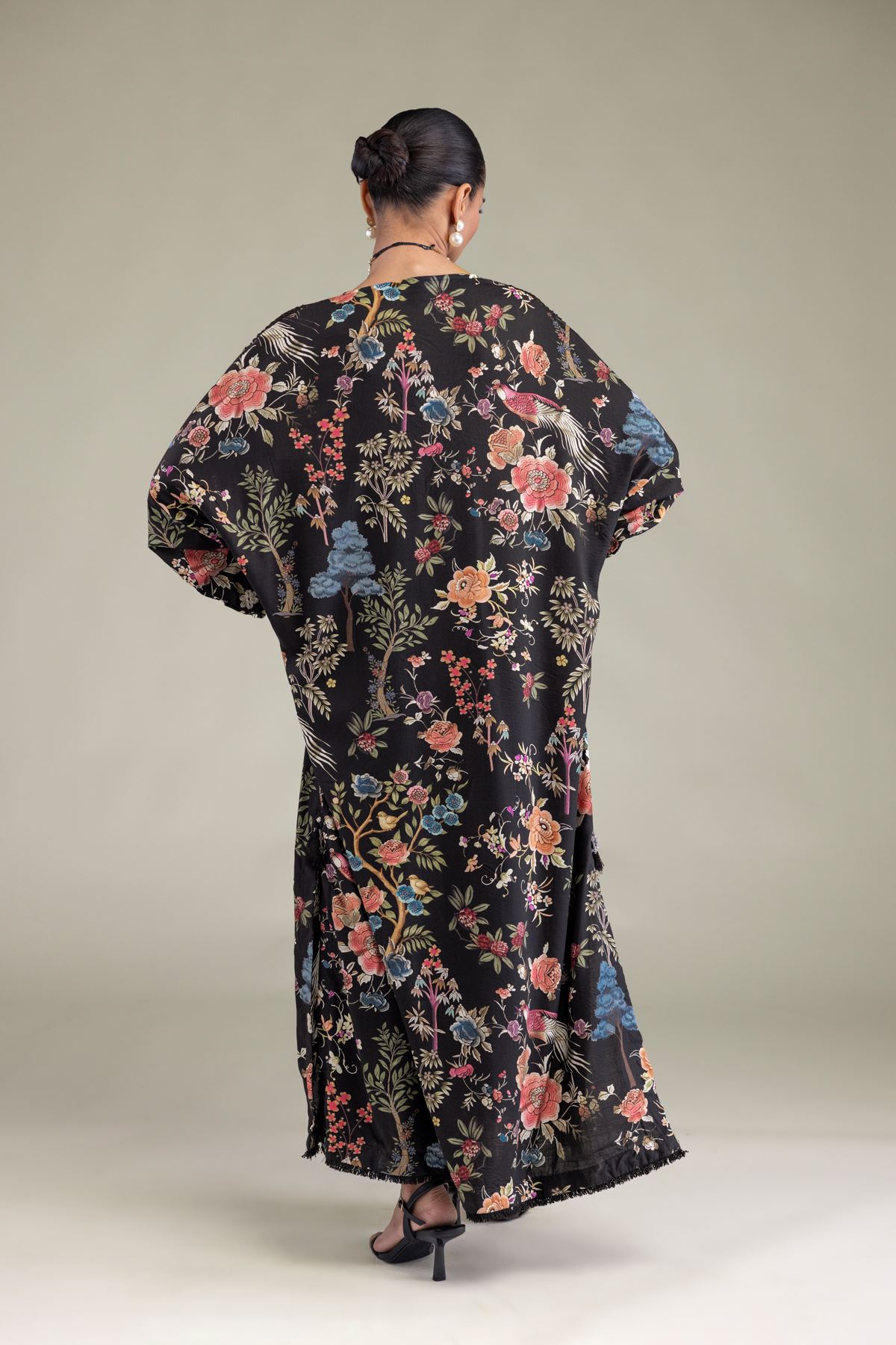 Embroidered Raw Silk Black V-Neck Kurta - 8-26-201-A-B1-VG