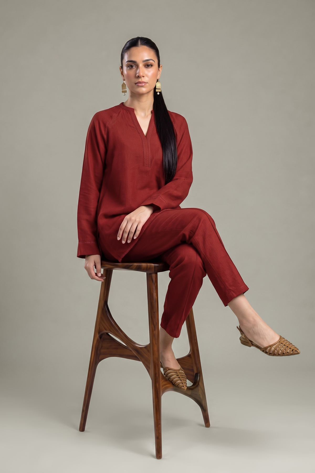 Dyed Crepe Rust V-Neck Tunic - 1-26-408-A-A1-VG
