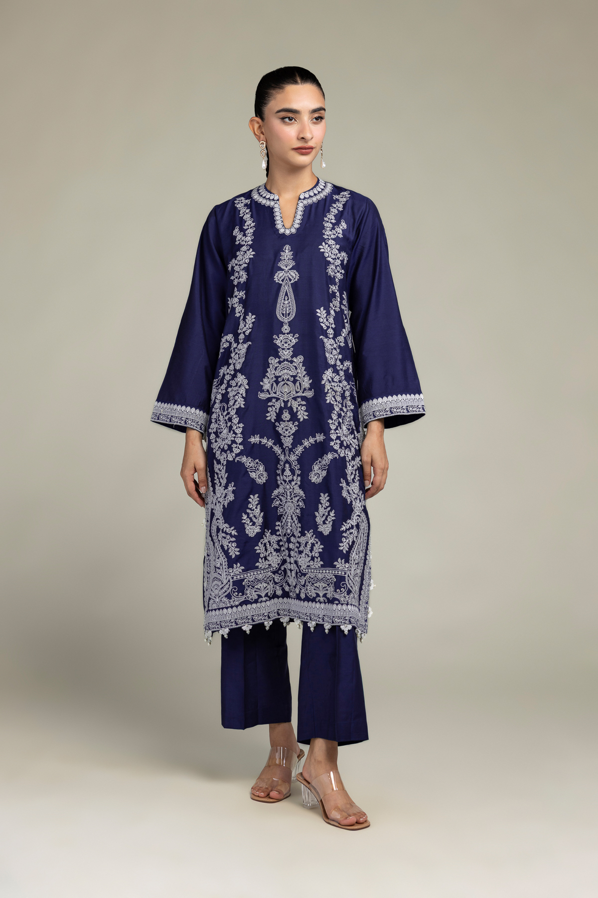 Embroidered Raw Silk Navy Floral Kurta - 1-26-306-B-B1-VG