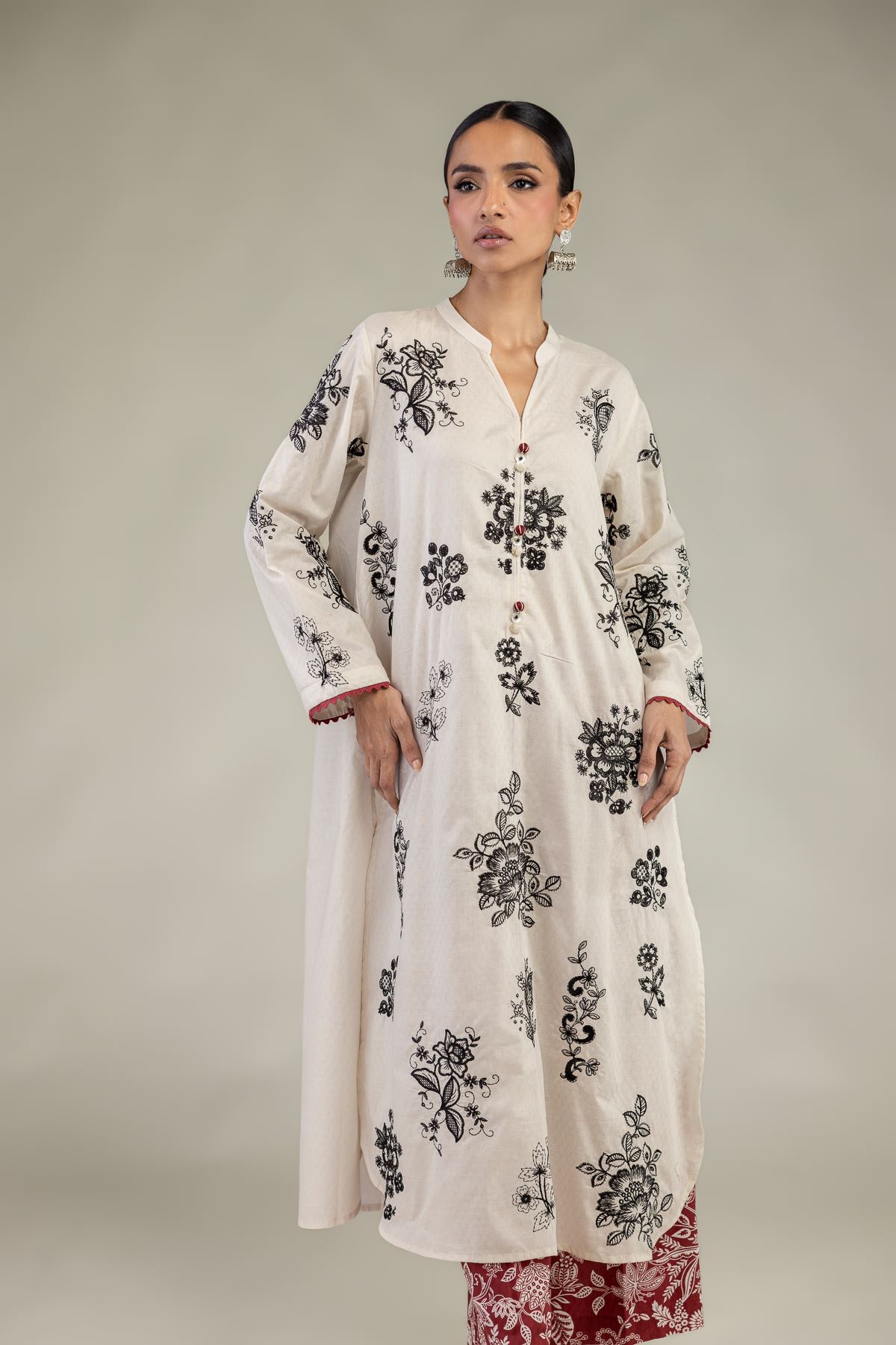 Embroidered Cotton Dobby Floral Longline Kurta - 1-26-226-A-I1-VG