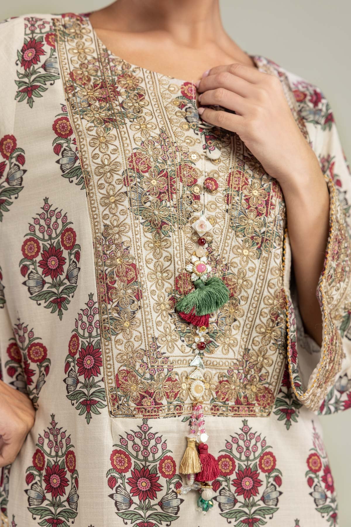 Embroidered Raw Silk Long Floral Kurta - B1-2-26-106-A-C-VG
