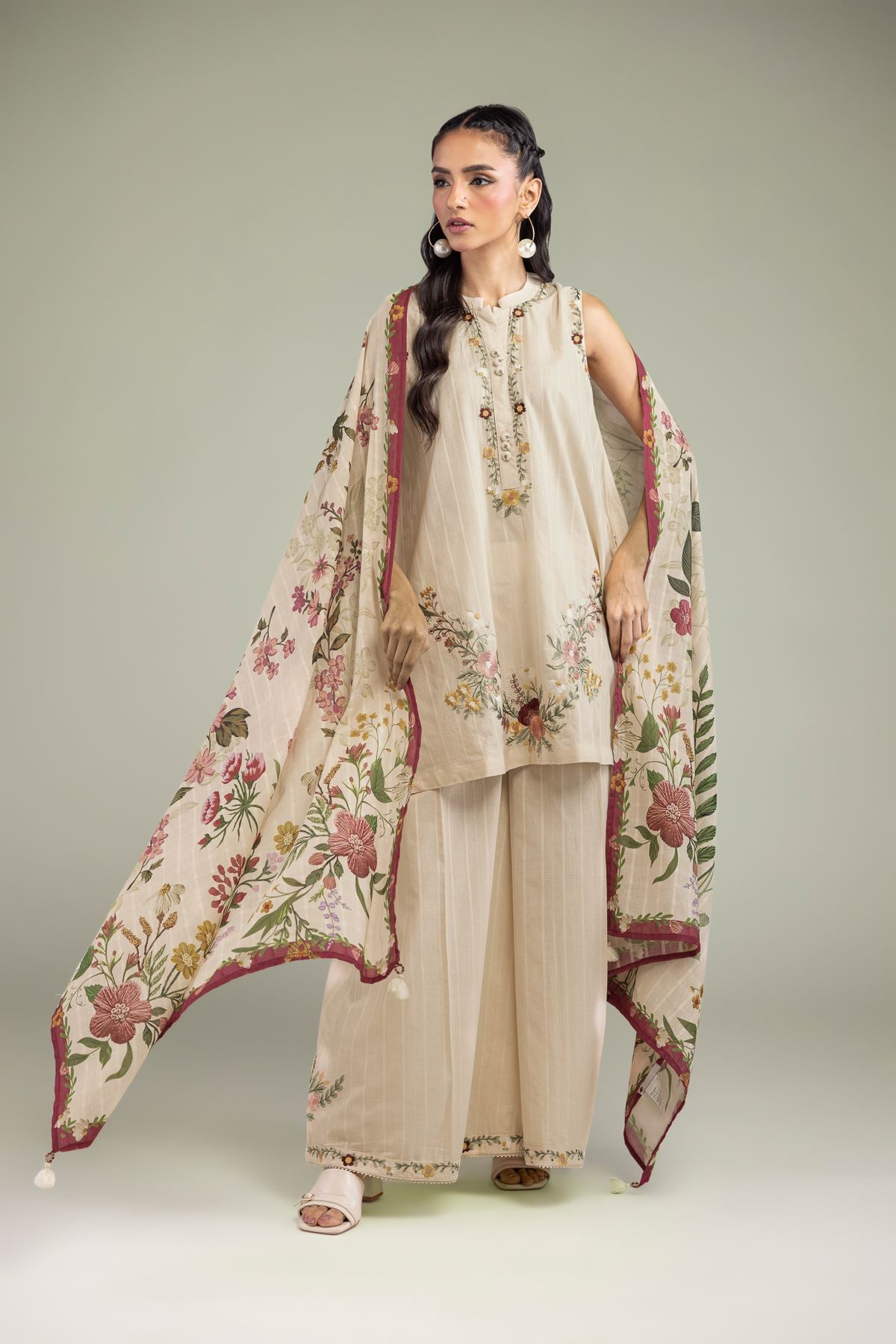 Embroidered Textured Cotton Beige Sleeveless Kurta - 1-26-213-A-B1-VG