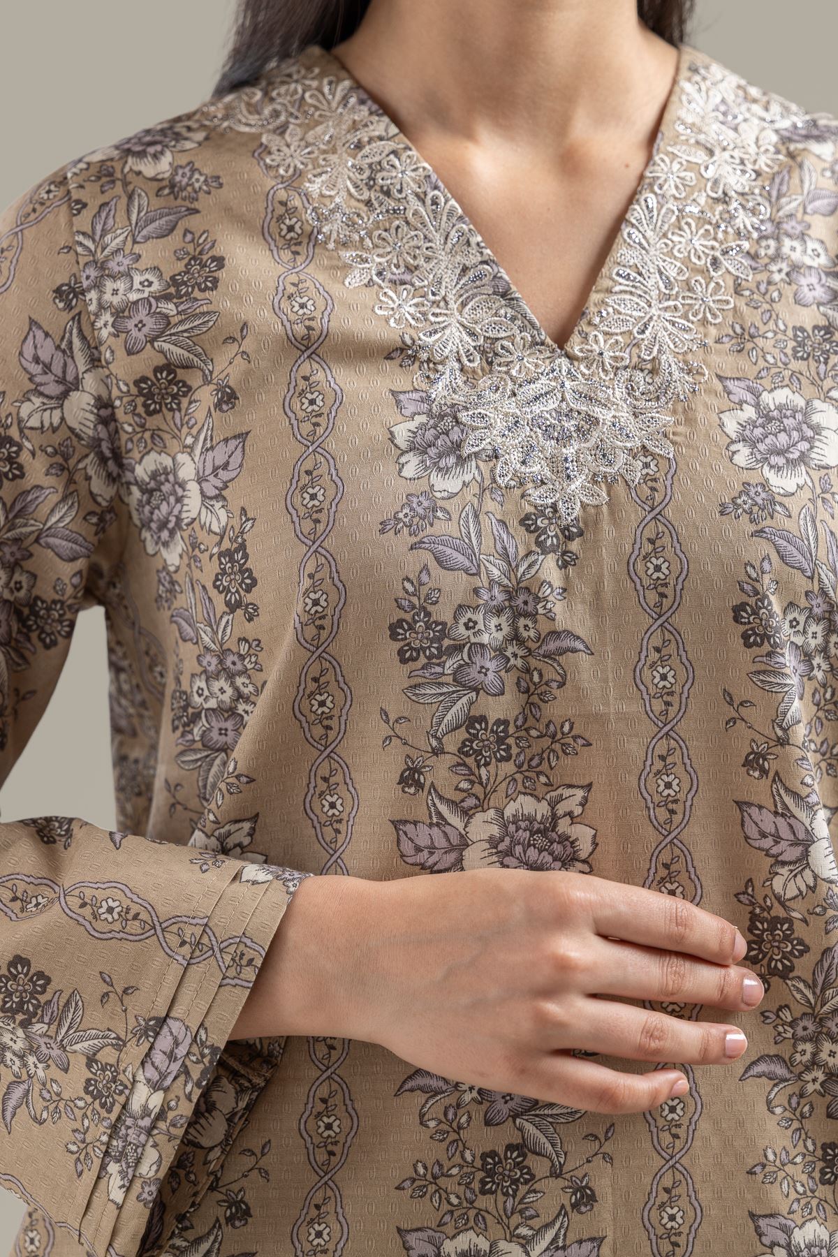 Embroidered Cotton Dobby Beige V-Neck Kurta - 1-26-142-A-B-VG