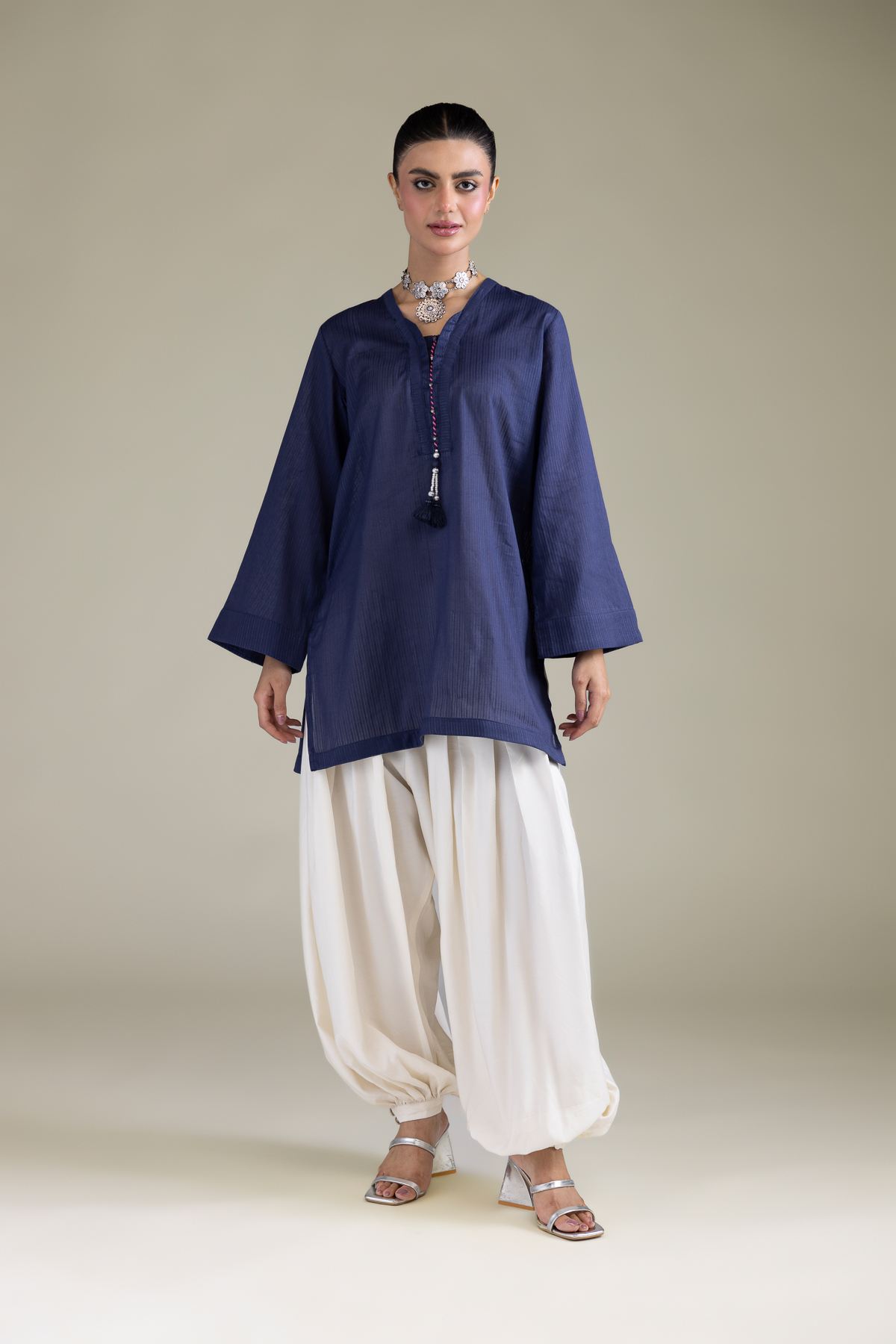 Dyed Cotton Dobby Navy V-Neck Kurta - 25-10-12E6-07TA-VG