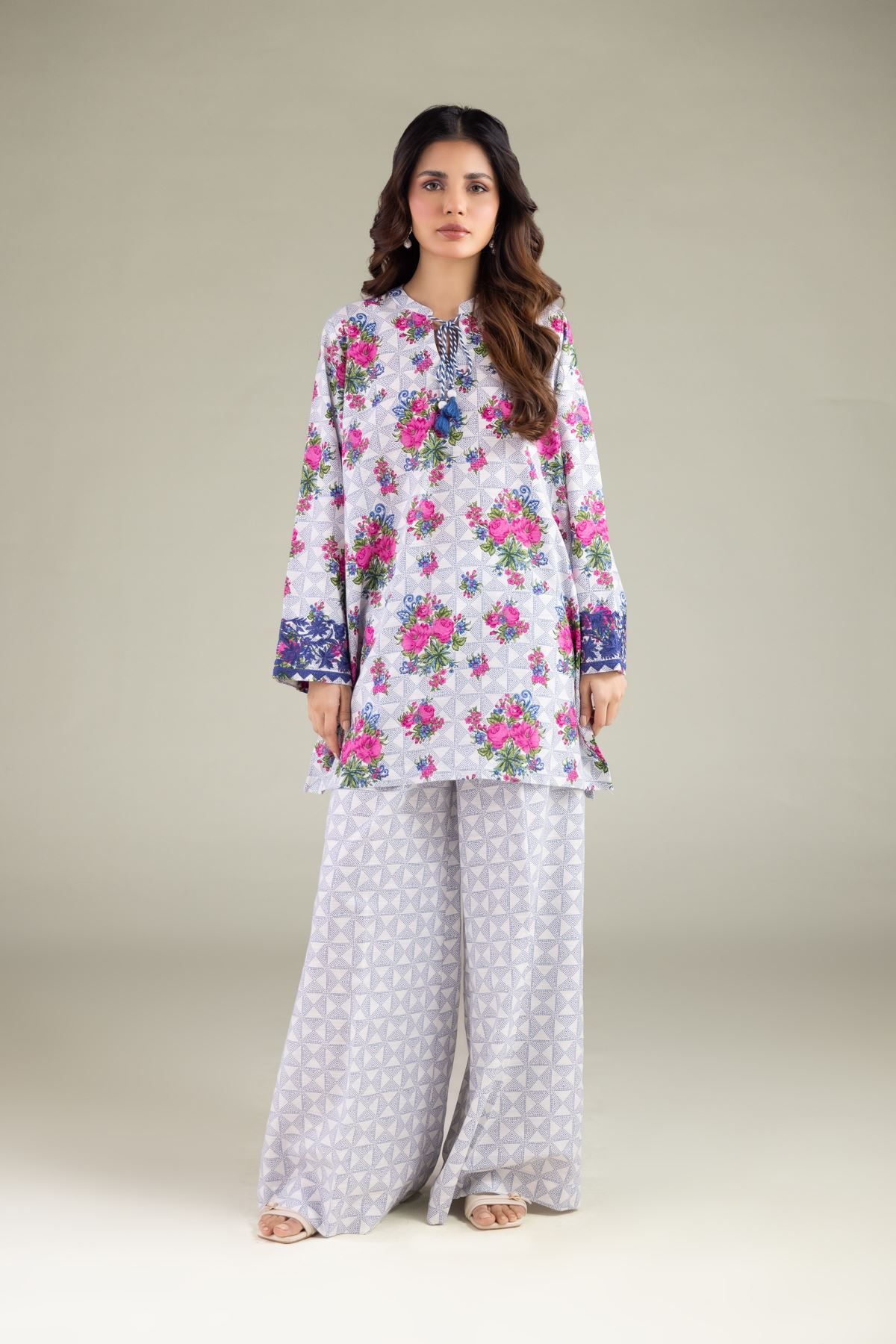 Embroidered Textured Cotton Geometric Tassel Kurta - 1-26-238-A-C1-VG