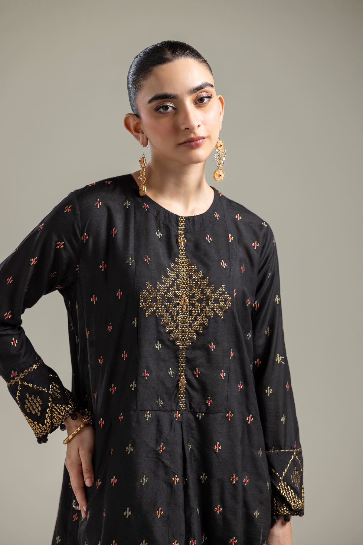 Raw Silk Short Black Kurta - 2-26-107-A-F-VG