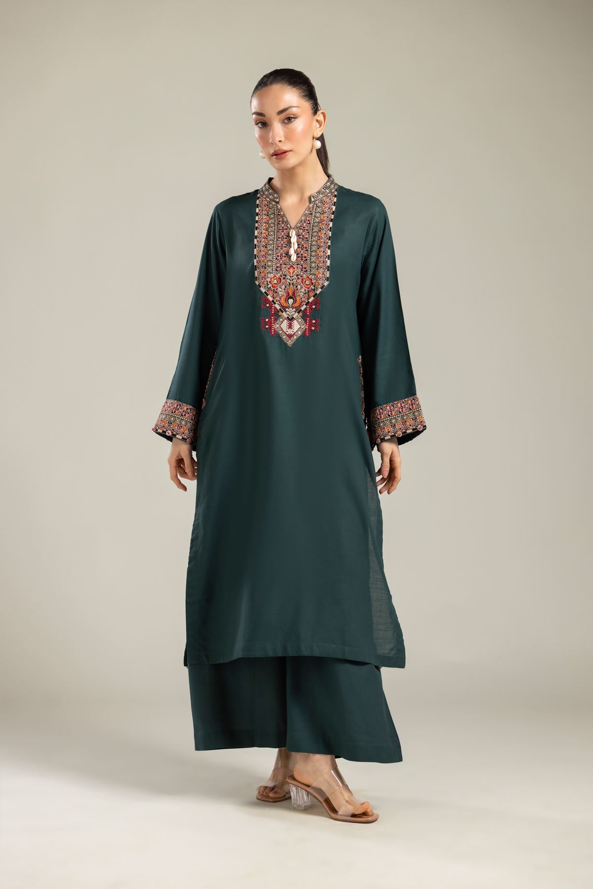 Embroidered Raw Silk Green Longline Kurta - 1-26-106-A-D-VG
