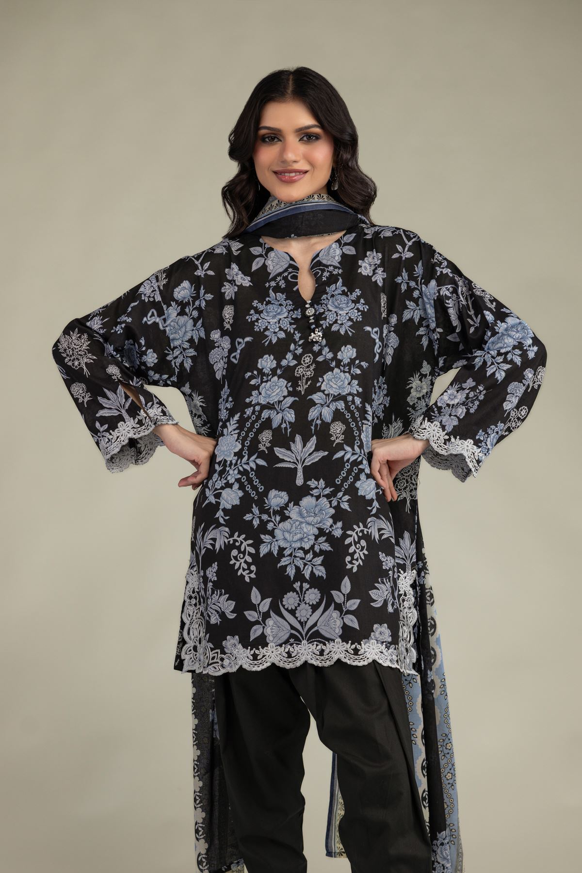 Embroidered Lawn Black Lawn Dupatta - 1-26-250-B-H1-VG