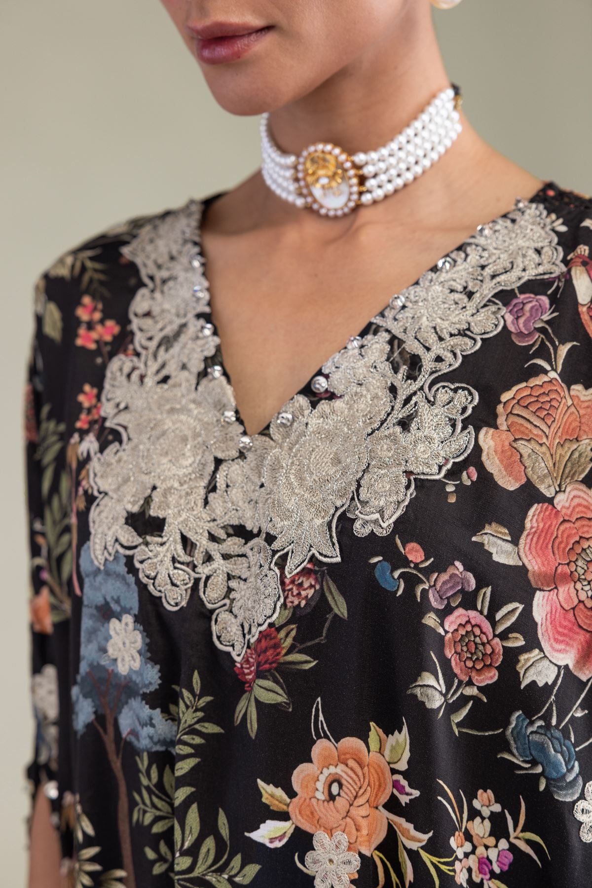 Embroidered Raw Silk Black V-Neck Kurta - 8-26-201-A-B1-VG